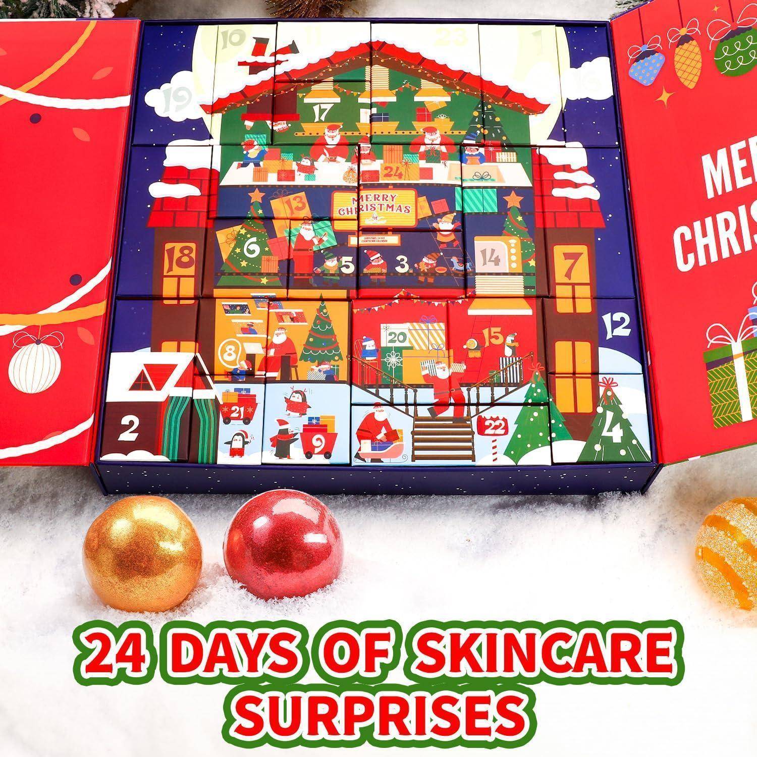 Adventskalender mit '24 Tagen voller Skincare-Überraschungen' mit nummerierten Türchen und Weihnachtsdekoration, der Hautpflegeprodukte im Inneren enthält.