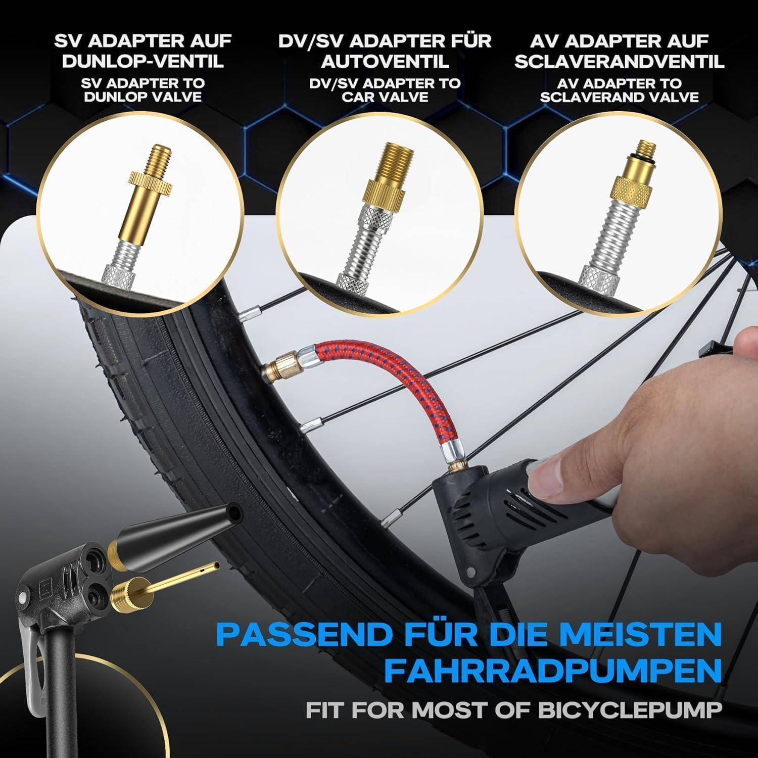 Das Bild zeigt vier Fahrradventil-Adapter: Dunlop-, Auto- und Fahrradventiltypen. Text: 'Passend für die meisten Fahrradpumpen - Geeignet für die meisten Fahrradpumpen.