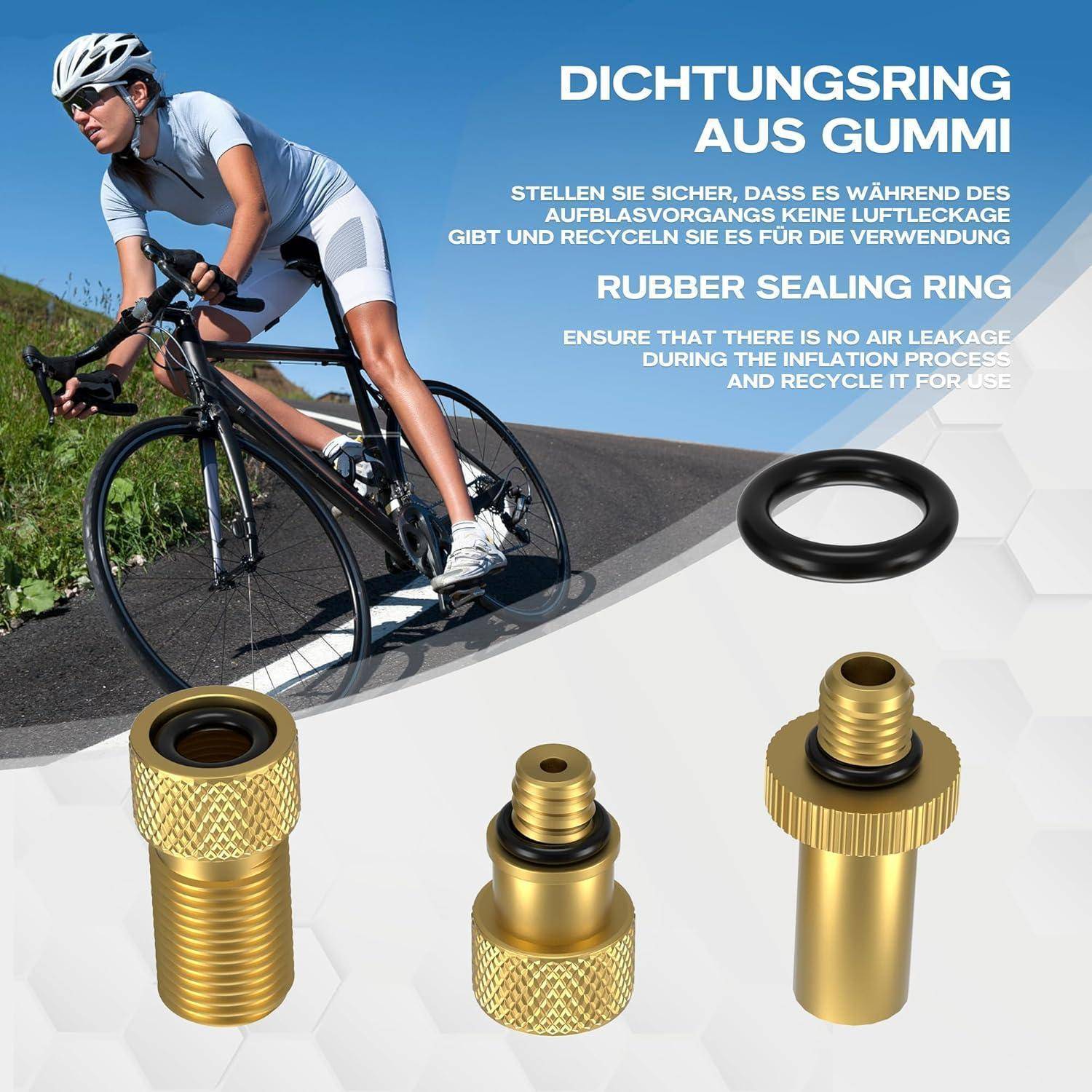 Radfahrer auf der Straße; Produktbild eines Gummidichtungsrings mit deutscher und englischer Beschriftung zur Sicherstellung, dass beim Aufpumpen kein Luftaustritt erfolgt.