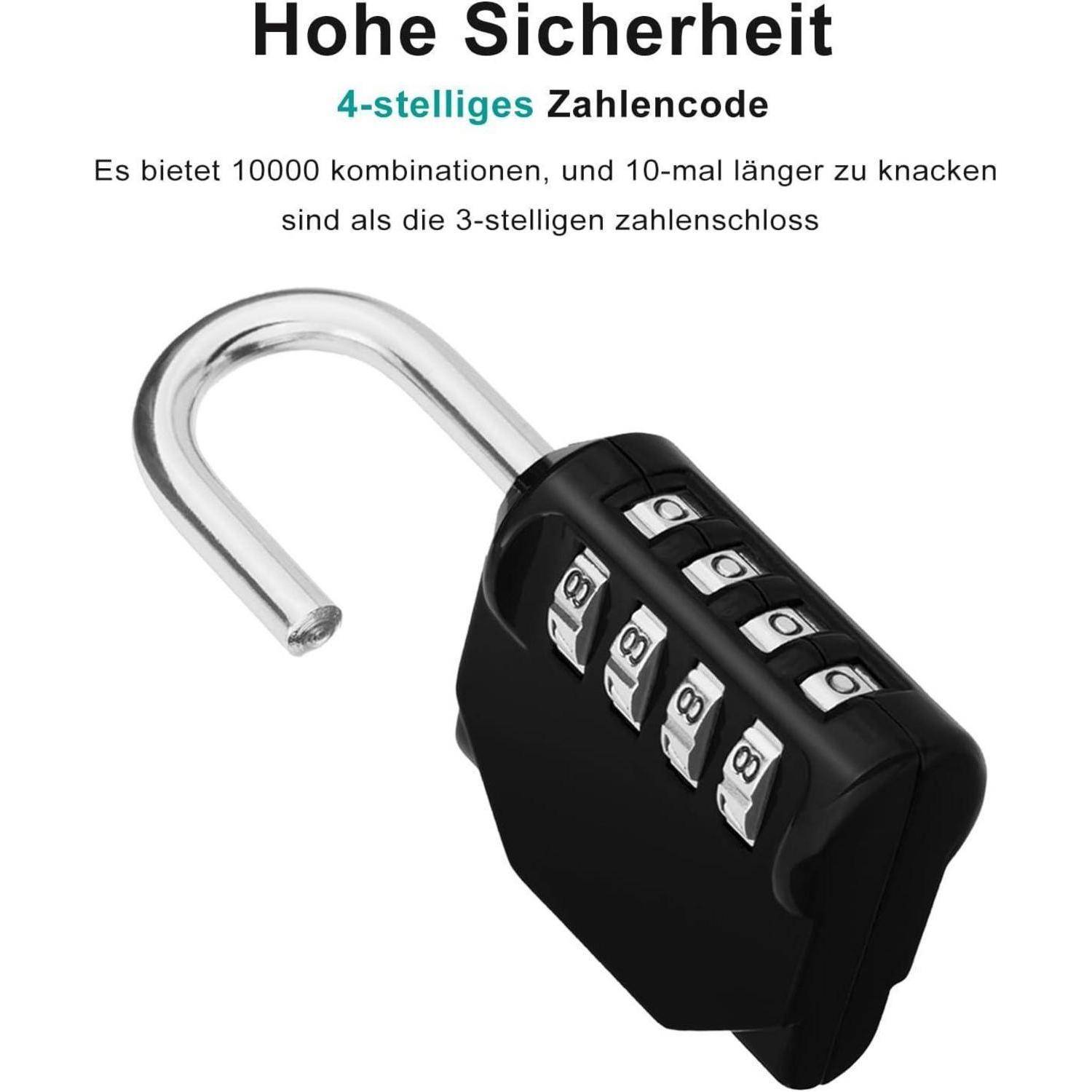 Ein schwarzes Kombinationsschloss mit vier Wahlscheiben wird in offener Position gezeigt. Der Text hebt seine höhere Sicherheit mit einem 4-stelligen Code im Vergleich zu einem 3-stelligen Schloss hervor und bietet 10.000 Kombinationsmöglichkeiten.