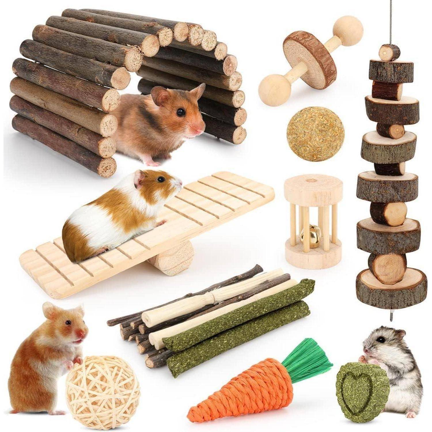 Hamster, die mit verschiedenen Holzspielzeugen interagieren, einschließlich einer Wippe, eines Tunnels und Kletterstrukturen, die Bereicherungsgegenstände für Haustiere präsentieren.