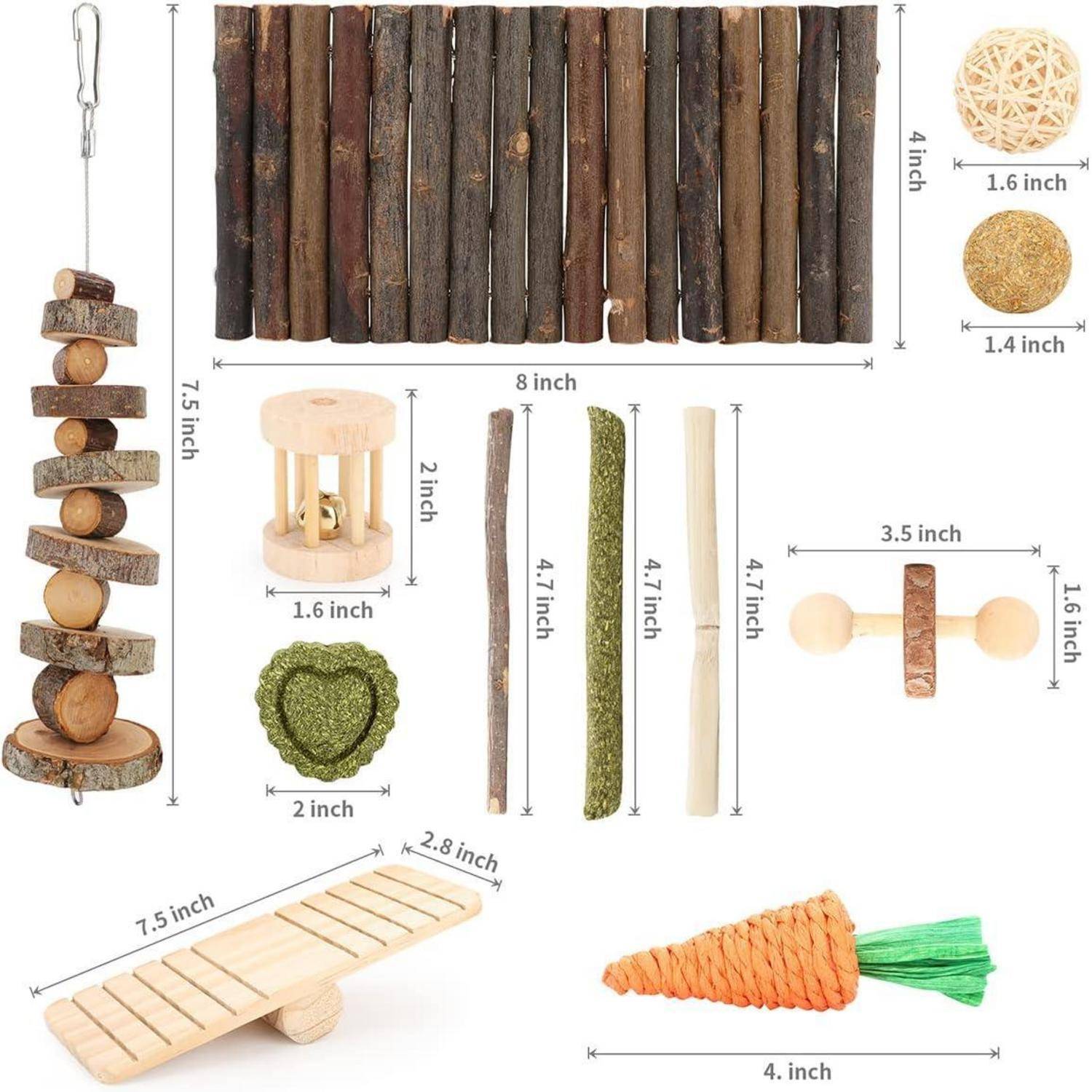 Spielzeug für kleine Tiere: Holzleiter, Leckerli-Bälle, Kau-Sticks, Schaukel und Karotten-Spielzeug. In verschiedenen Größen von 1,6 bis 8 Zoll.