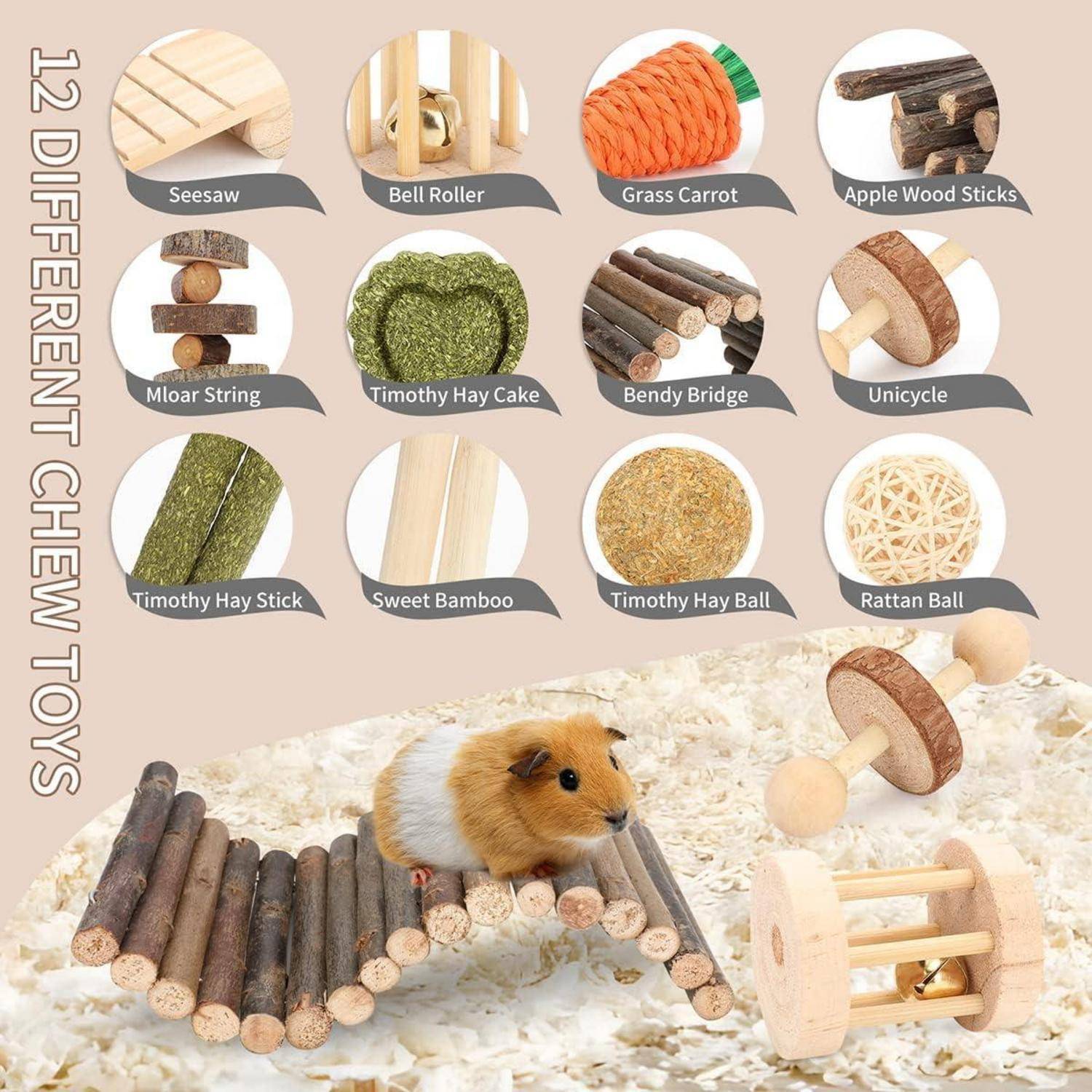 Ein Meerschweinchen auf einer kleinen Holzbrücke, umgeben von verschiedenen Nageschpielzeugen, darunter eine Wippe, eine Karotte aus Gras, eine Molarenzahnseile und einen Heukuchen.