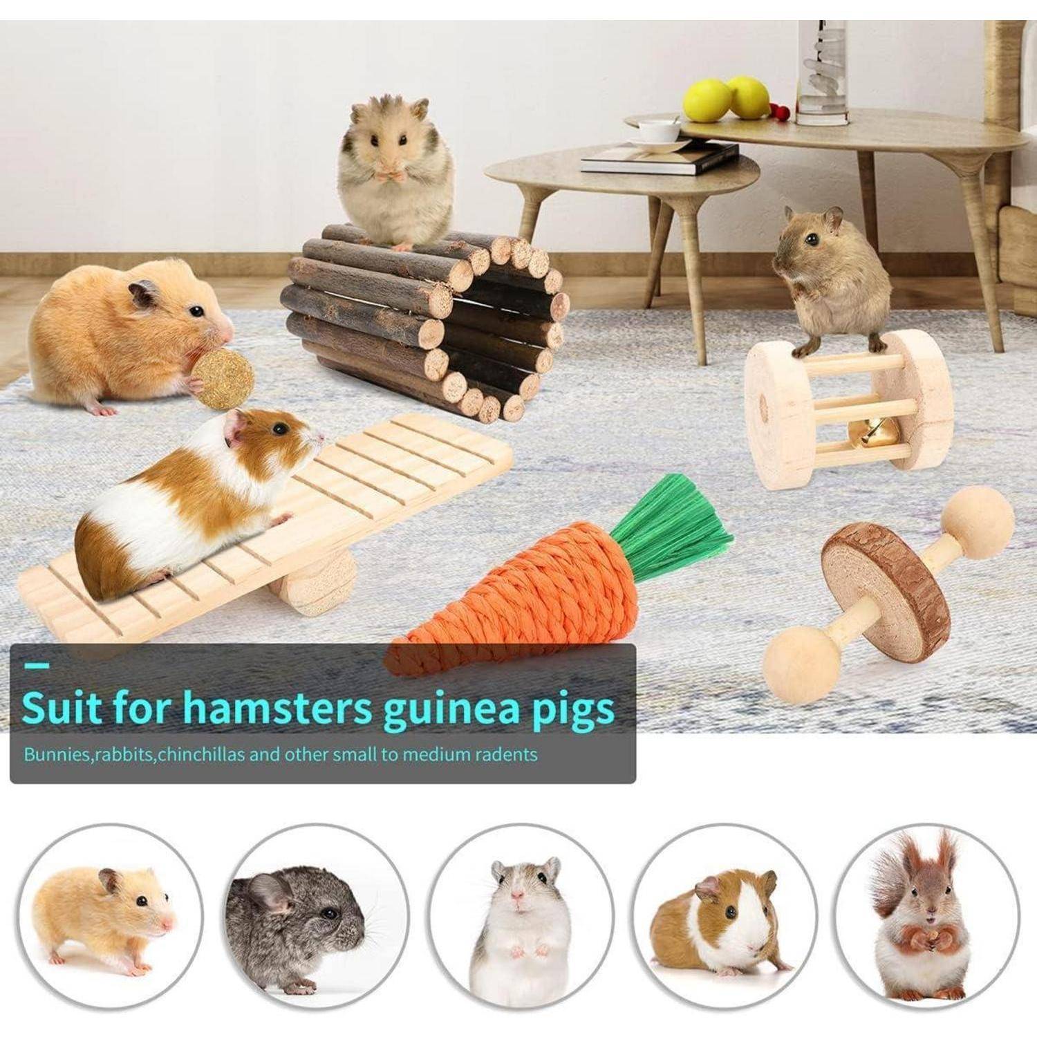 Kleine Haustiere, einschließlich Hamster und Meerschweinchen, interagieren mit Holzspielzeugen und einem möhrenförmigen Accessoire in einer gemütlichen Inneneinrichtung.