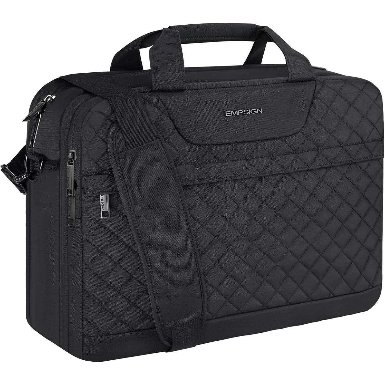 Eine schwarze gesteppte Laptoptasche mit Griffen und einem Schulterriemen, ausgestattet mit einer vorderen Reißverschlusstasche und der Aufschrift „EMPSIGN