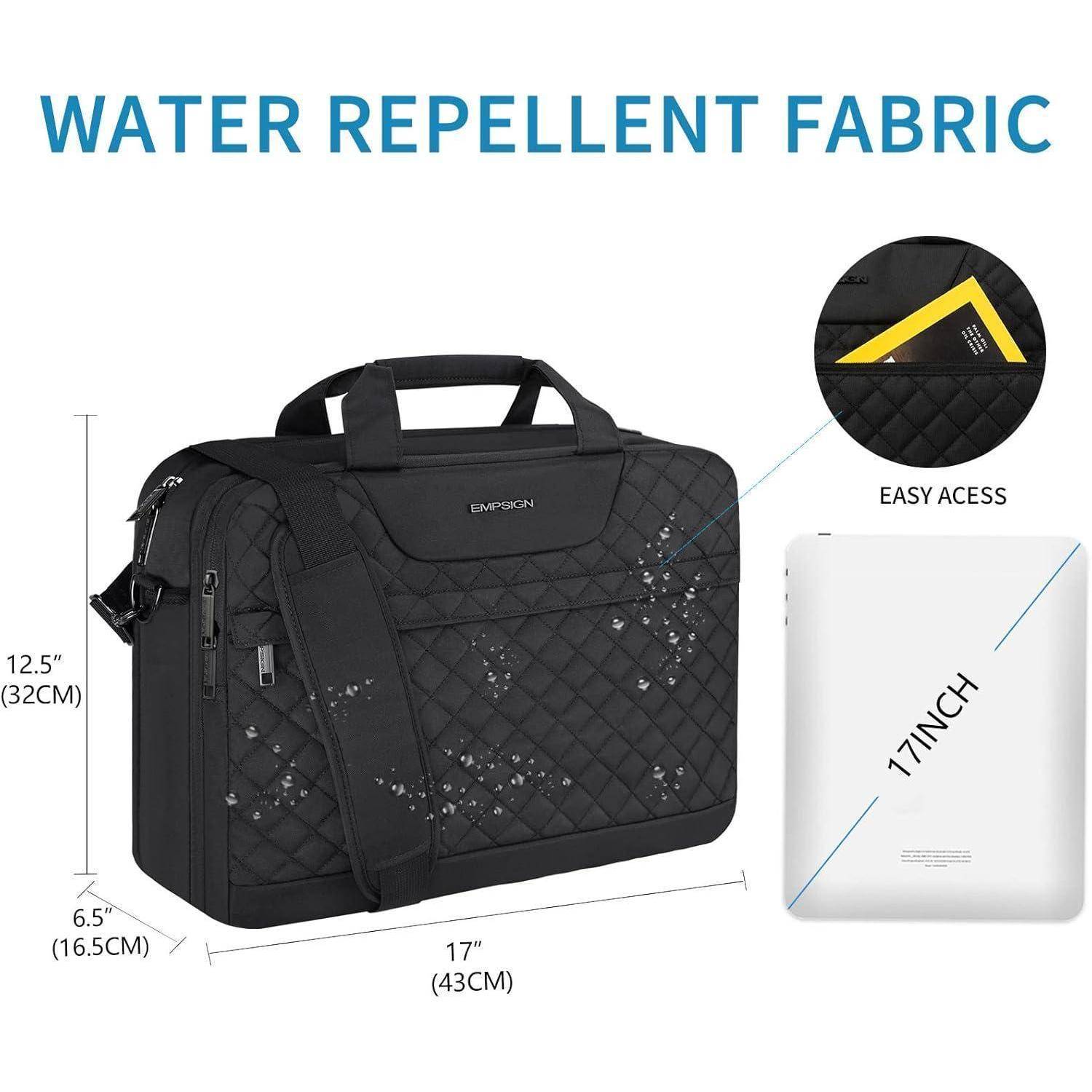 Eine schwarze gesteppte Laptoptasche mit 'Wasserabweisendes Gewebe' Aufschrift, misst 12,5 x 17 x 6,5 Zoll. Merkmale umfassen eine leicht zugängliche Tasche.