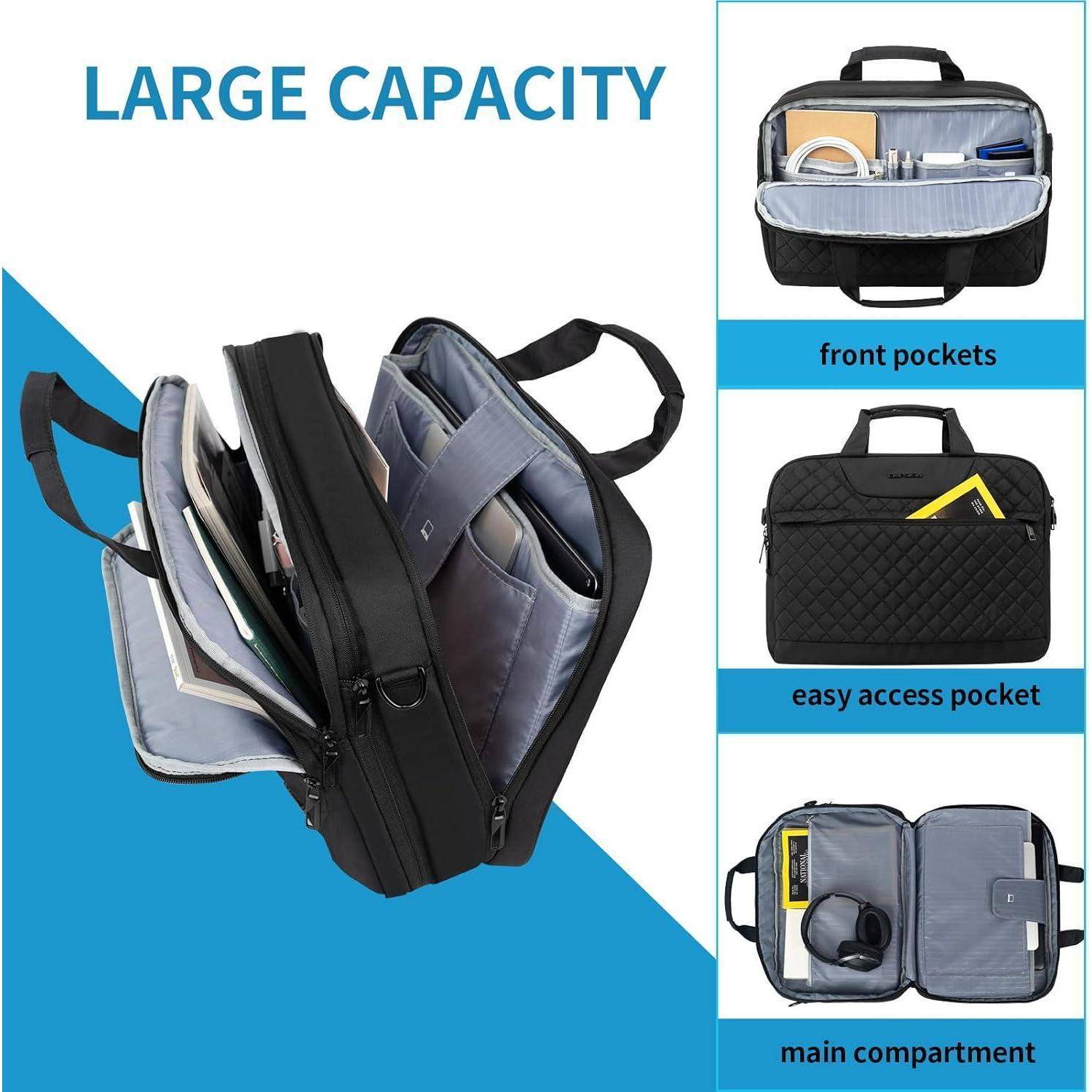 Laptoptasche mit großer Kapazität, die Vordertaschen, eine leicht zugängliche Tasche und ein Hauptfach mit verschiedenen Gegenständen präsentiert.
