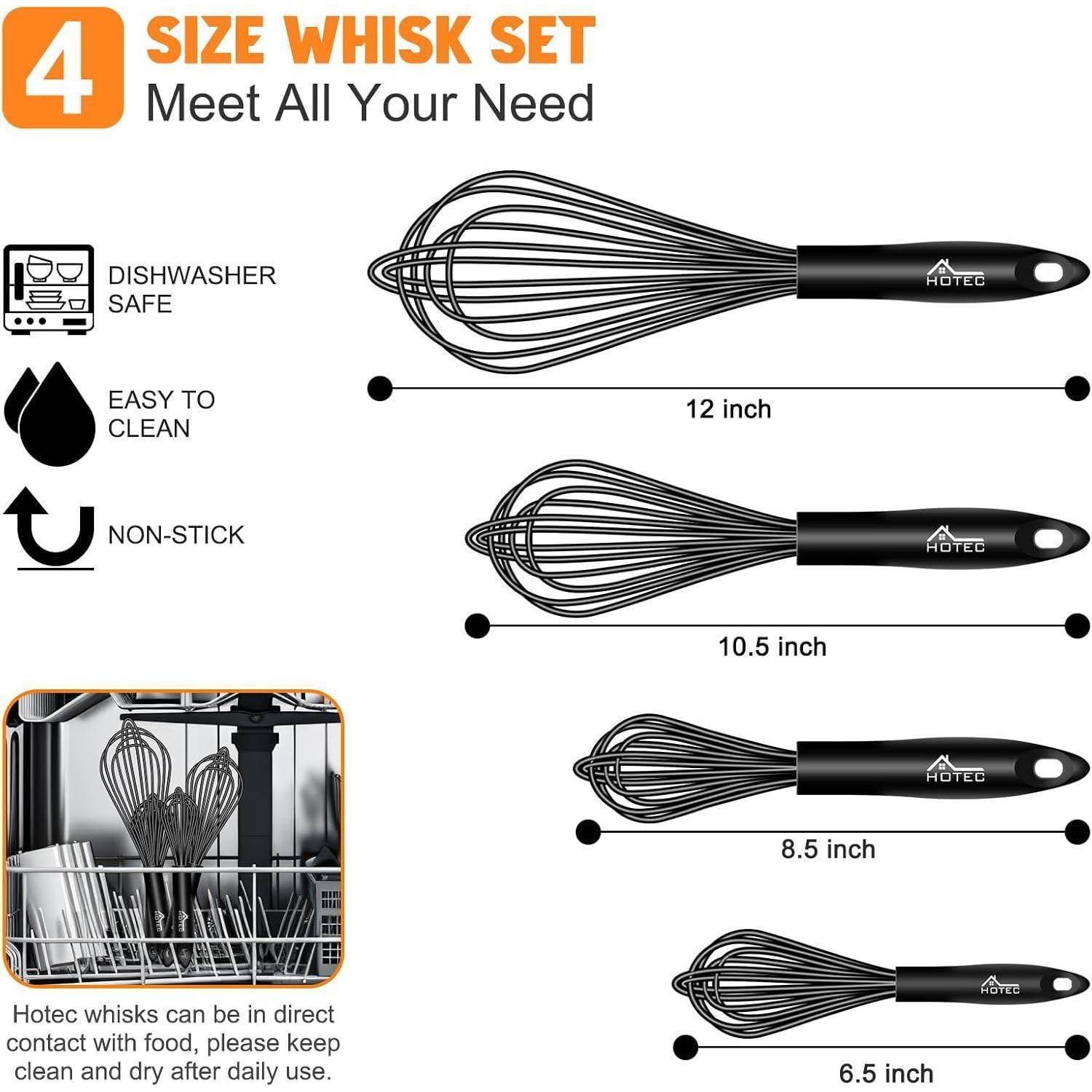 4er Schneebesen-Set: 12, 10,5, 8,5, 6,5 Zoll. Spülmaschinenfest, leicht zu reinigen, antihaftend. Inklusive eines Bildes von hängenden Schneebesen.