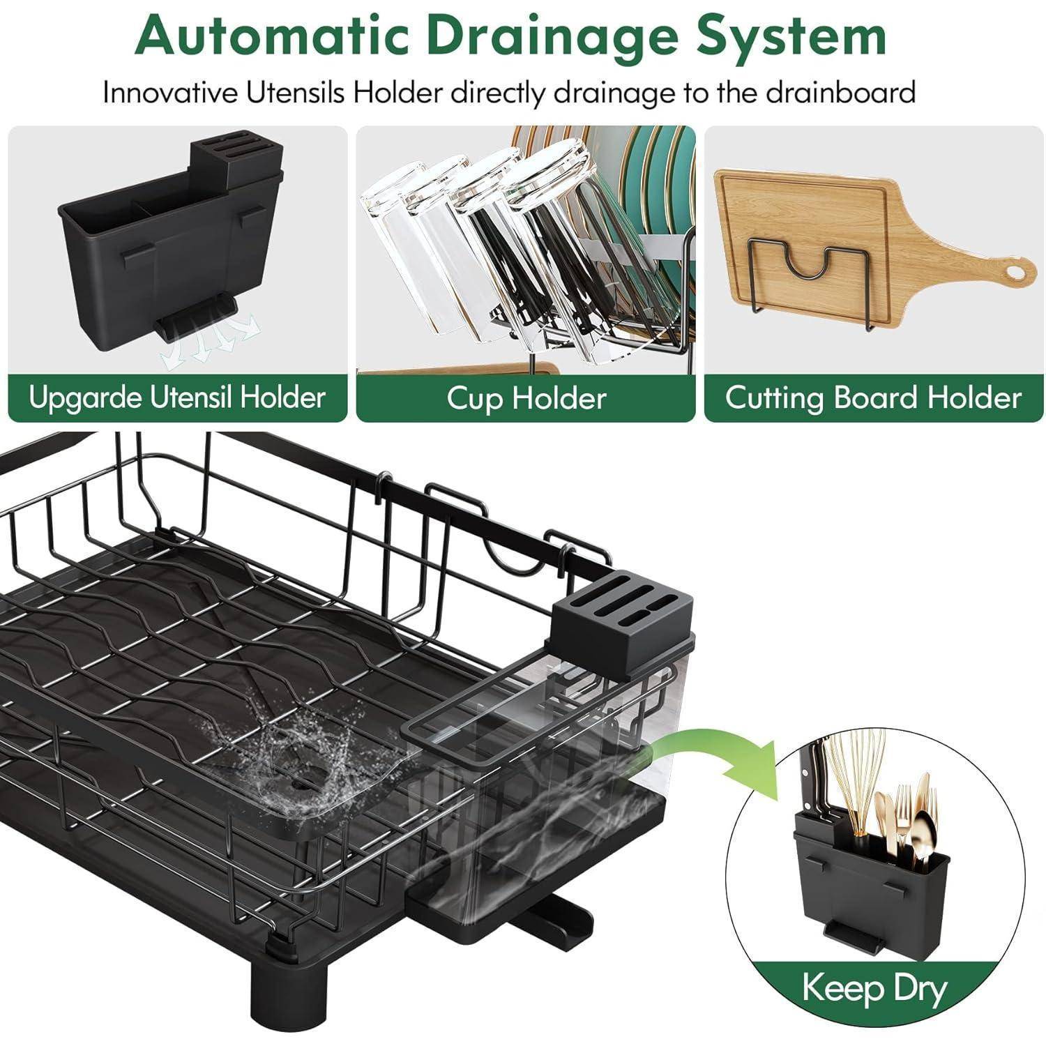 Automatisches Abflusssystem mit Halterungen für Utensilien, Tasse und Schneidebrett; das Wasser fließt direkt zum Abtropfbrett für mehr Bequemlichkeit.