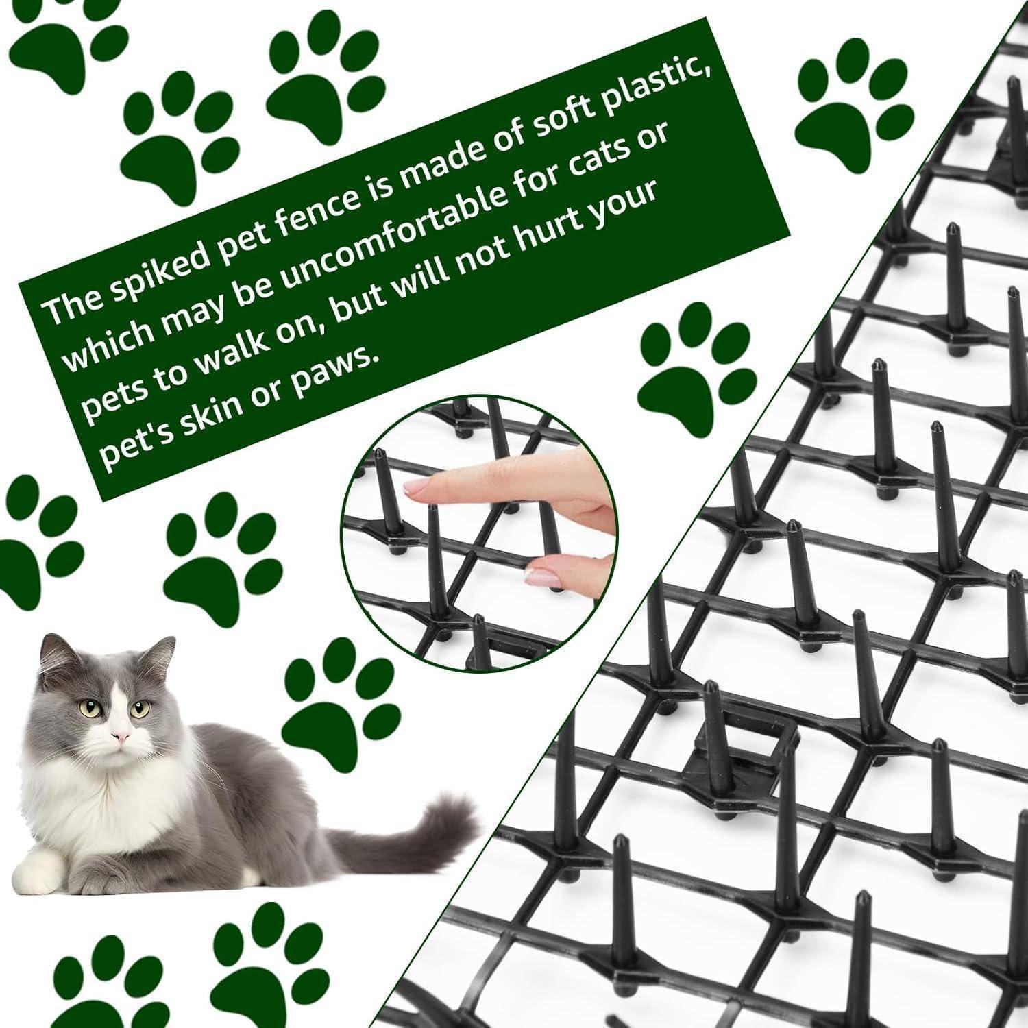 Ein gespitzter Kunststoff-Haustierzaun, der für Haustiere unangenehm zu begehen ist, aber sicher für Haut und Pfoten. Enthält ein Katzen- und Pfotenabdruckmuster.