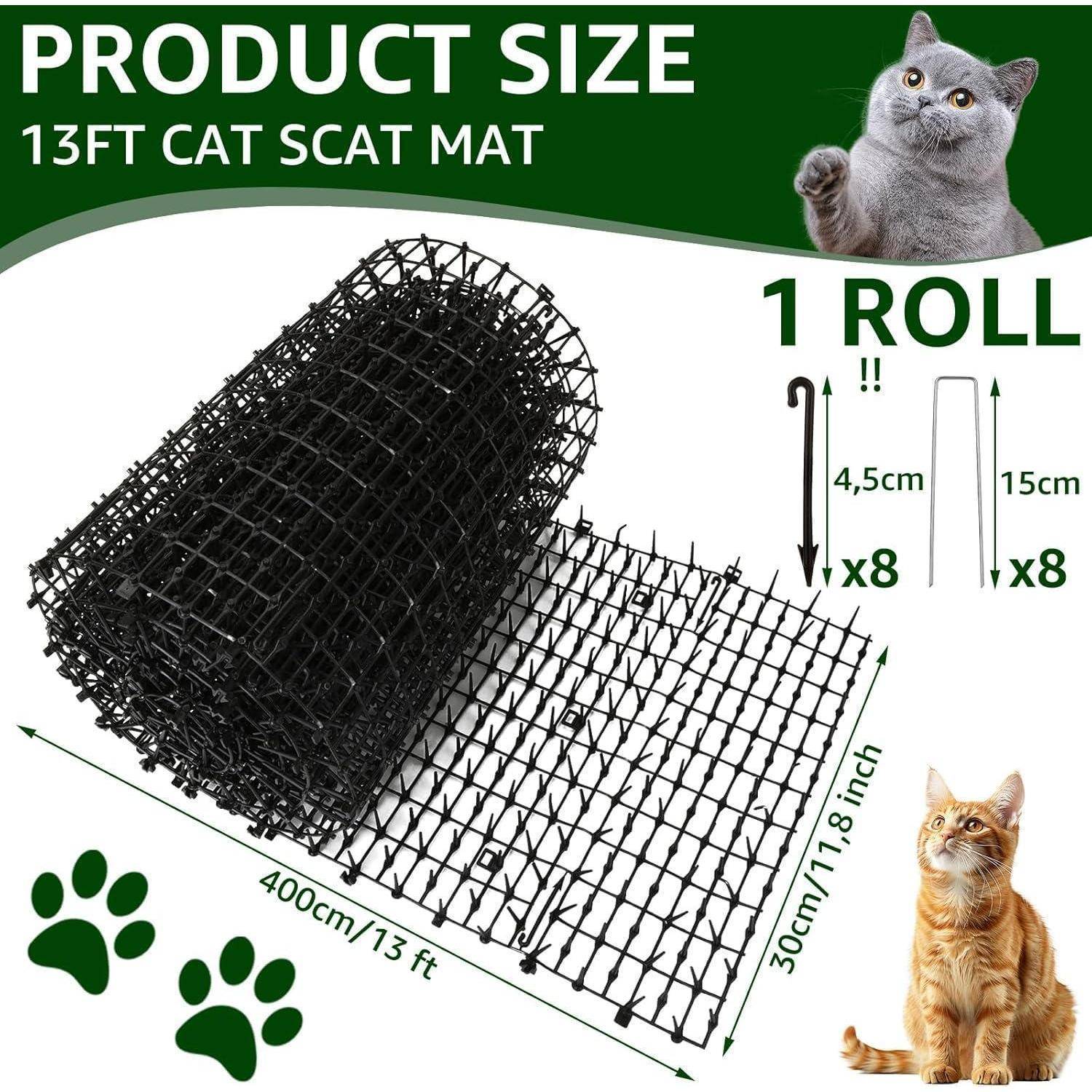 Produktgröße: 13ft Katzen-Abwehr-Matte, gezeigt in aufgerollter und ausgerollter Variante, Abmessungen 400 cm x 30 cm, mit Bildern von zwei Katzen.