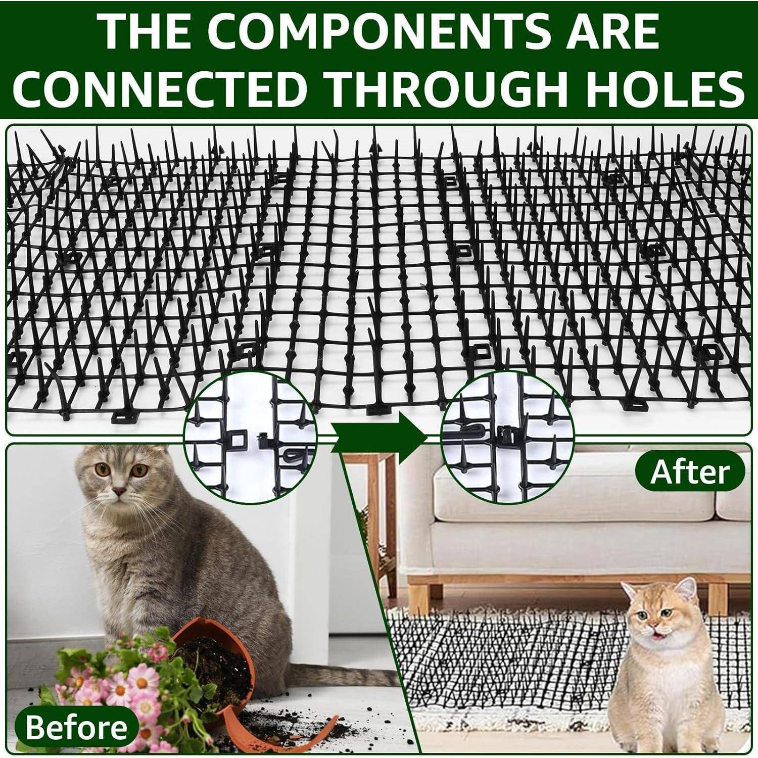 Die Komponenten sind durch Löcher verbunden, zeigt ein Plastikgeflecht mit einem 'Vorher'-Bild einer Katze im Garten und einem 'Nachher'-Bild im Innenraum.