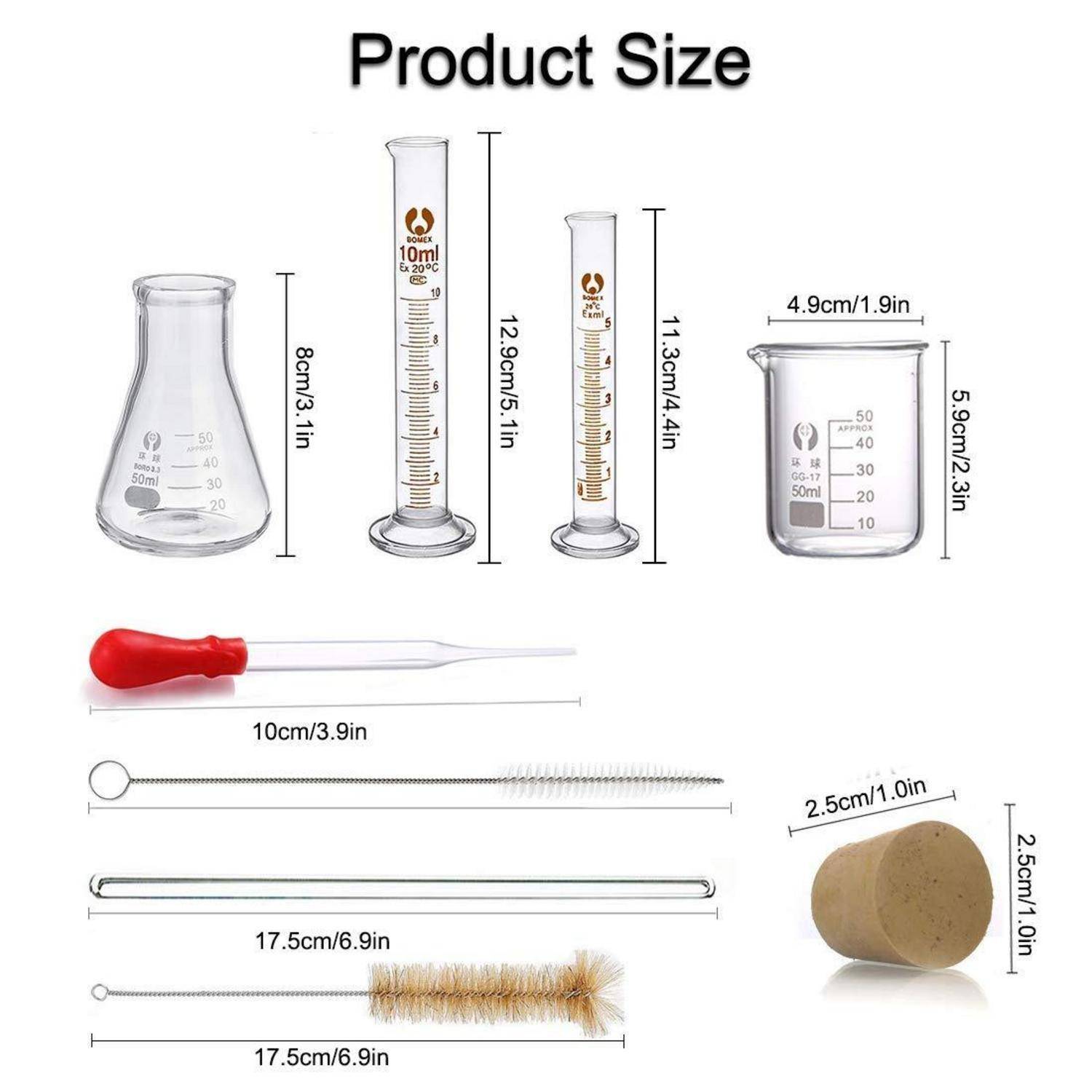 Detailangaben zur Produktgröße: 8 cm Flakon, 12,5 cm und 11,5 cm Messzylinder, 4,9 cm Becherglas. Enthält 10 cm Tropfpipette, Pinsel und 2,5 cm Korken.