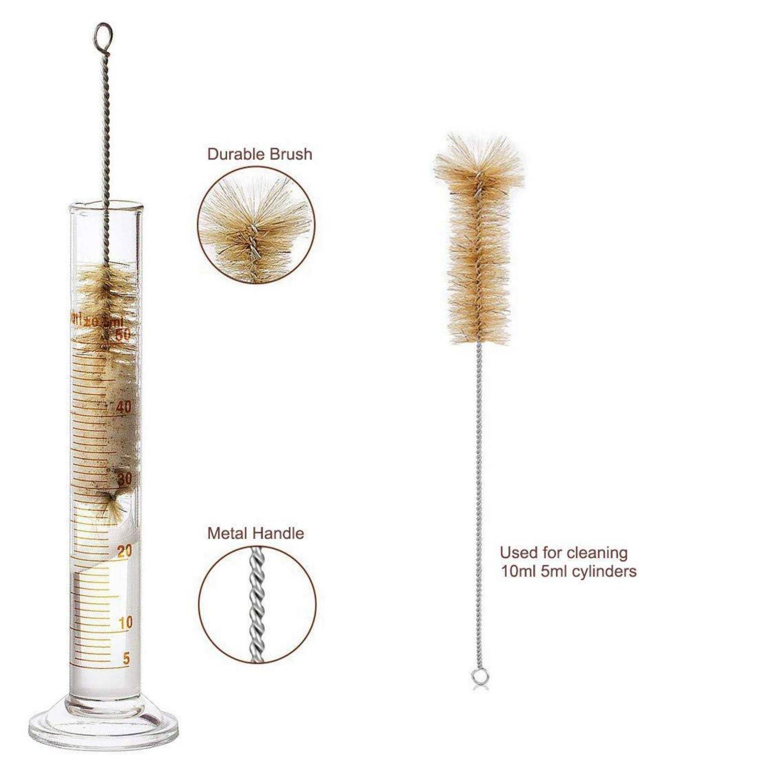 Reinigungsbürste für Messzylindergraduiert, ausgestattet mit strapazierfähigen Bürstenborsten und einem Metallgriff. Geeignet für die Reinigung von 10 ml bis 5 ml Messzylindern.
