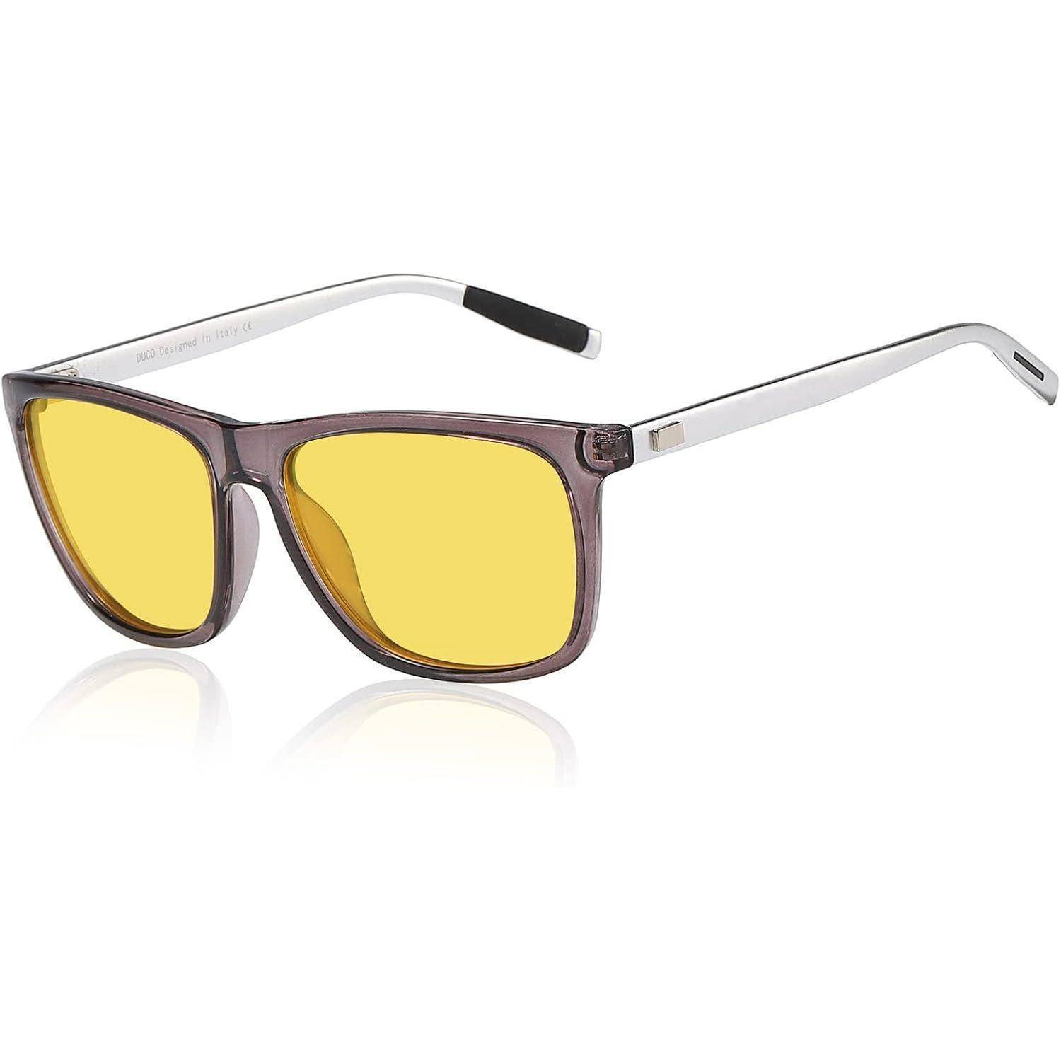 Sonnenbrille mit gelben Gläsern und weißen Bügeln, mit einem schlanken, modernen Design und reflektierender Oberfläche, geeignet für Mode oder Outdoor-Aktivitäten.