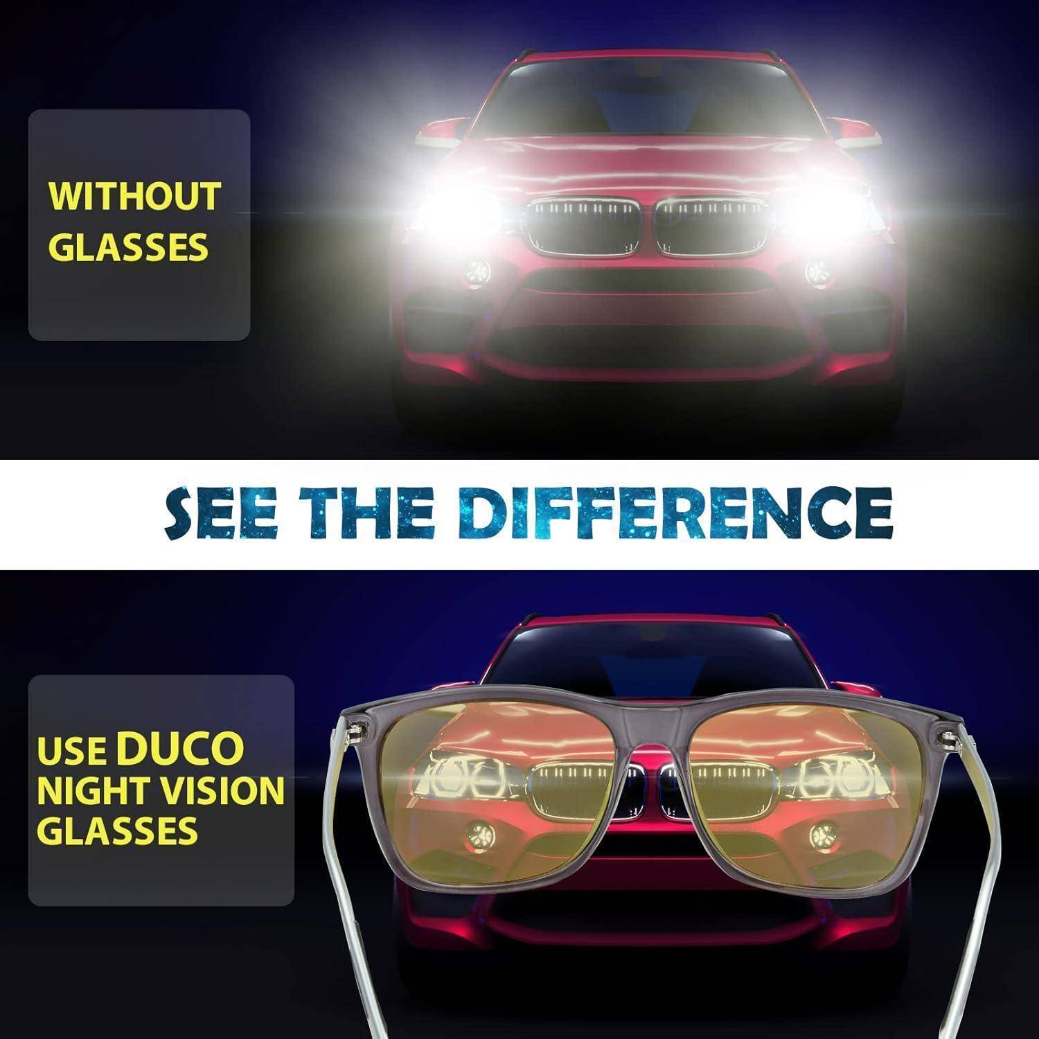 Das 'See the Difference'-Bild zeigt ein Auto mit hellen Scheinwerfern. Oben: Blendung ohne Brille. Unten: Reduzierte Blendung mit DUCO Nachtsichtbrillen.