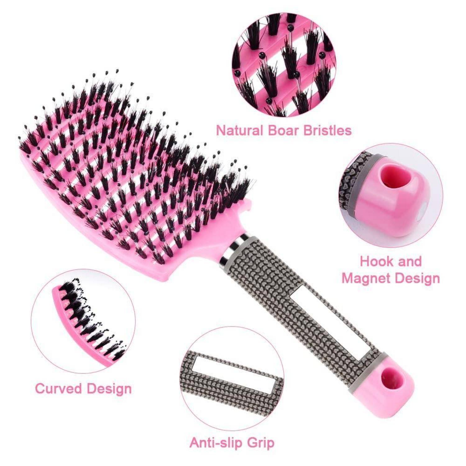 Eine pinke Haarbürste mit natürlichen Wildschweinborsten, geschwungener Designform, rutschfester Griffoberfläche und einer Aufhängevorrichtung mit Magnetdesign, detailliert dargestellt.