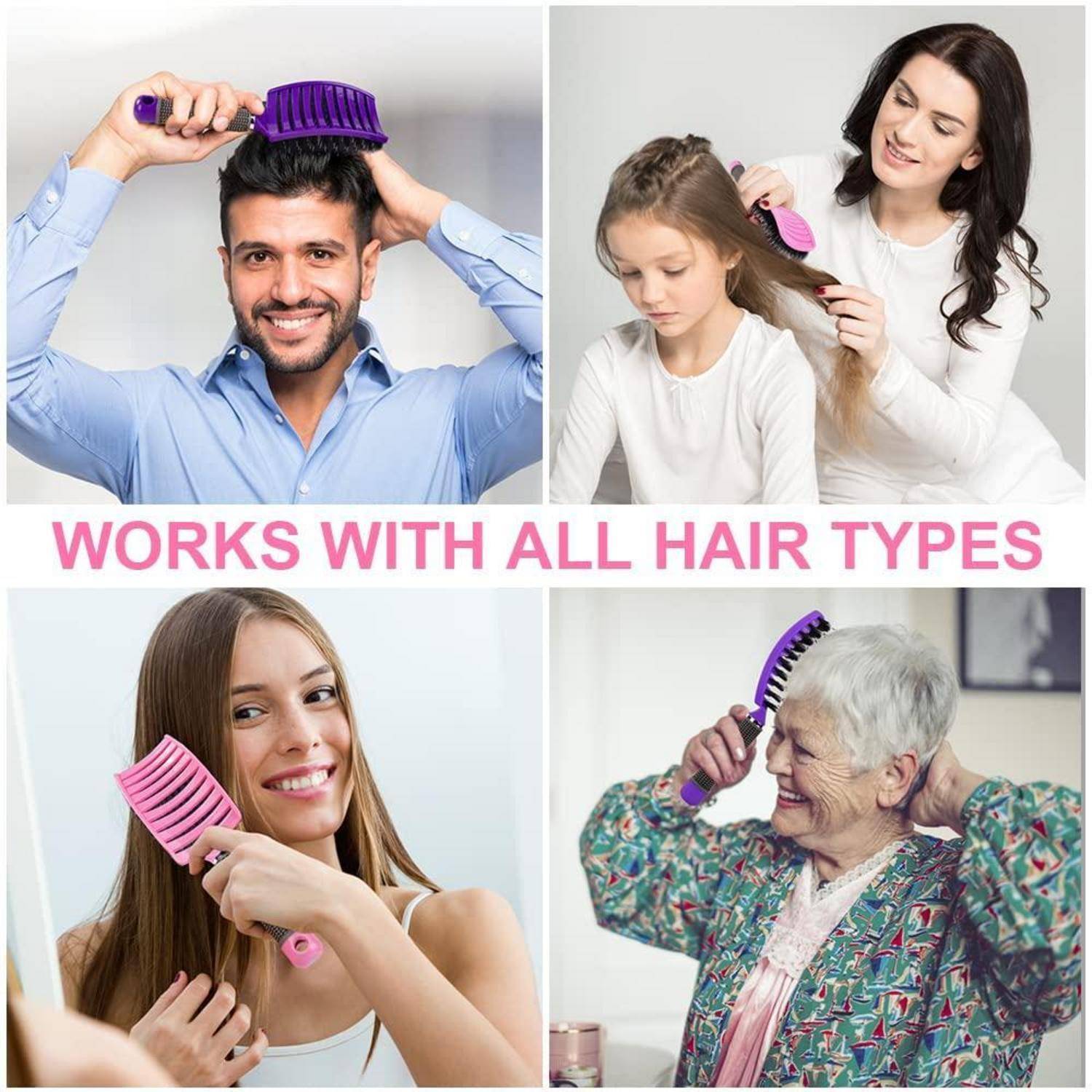 Menschen unterschiedlichen Alters, die eine pinke Haarbürste verwenden. Text liest sich: „Funktioniert mit allen Haartypen.