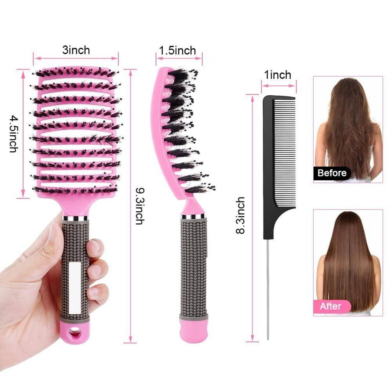 Ein rosa belüfteter Haarbürsten- und Kammset, das mit Vorher-Nachher-Fotos von Haar gezeigt wird und die Volumen- und Glättungseffekte betont.