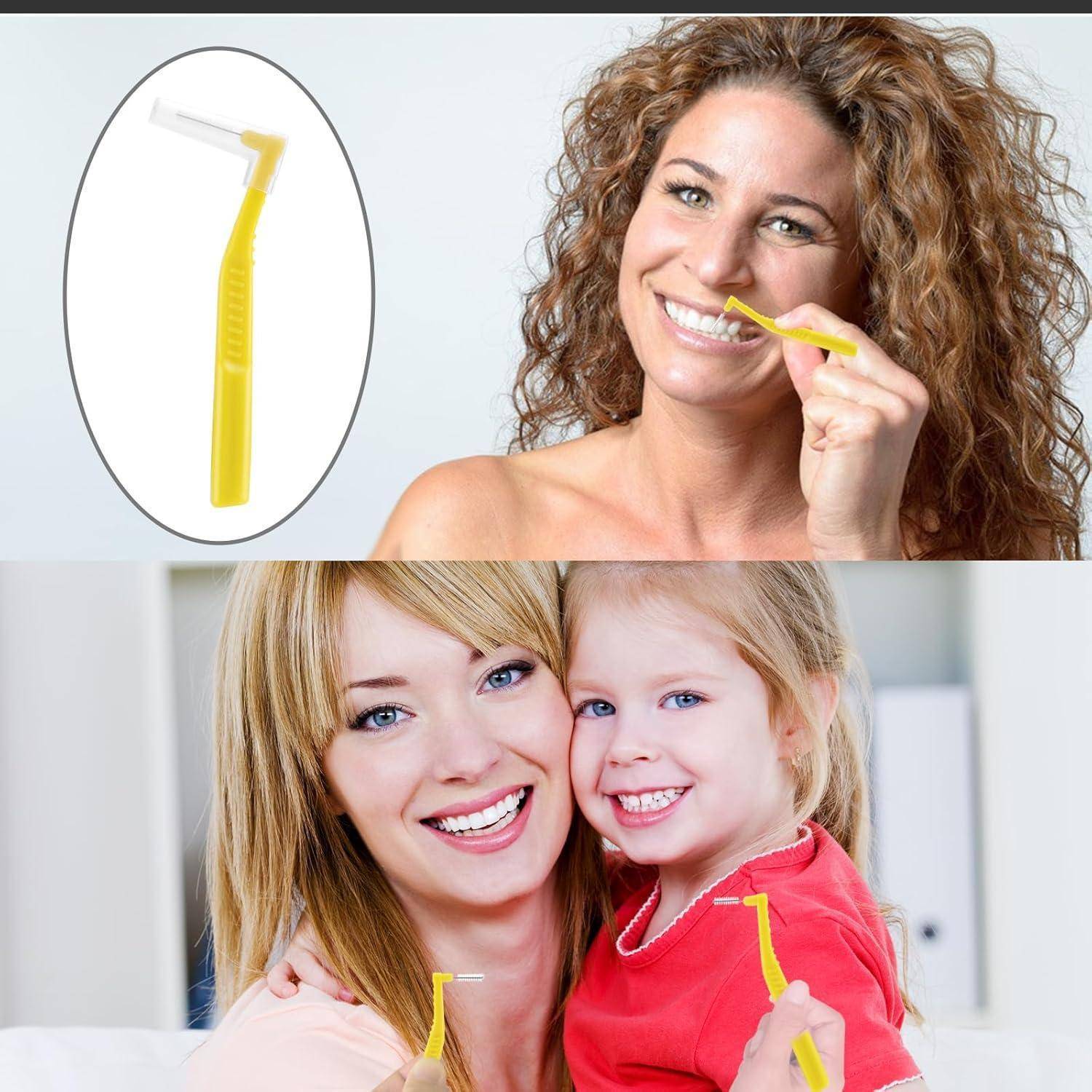 Eine Frau verwendet eine Interdentalbürste an ihren Zähnen; unten lächeln eine Mutter und ein Kind und halten ähnliche gelbe Bürsten, wobei sie Zahnpflege bewerben.