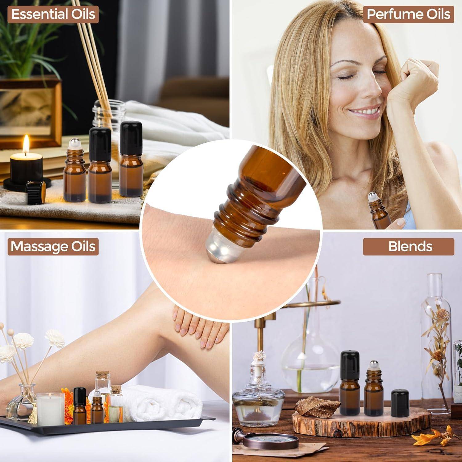 Eine Collage von Bildern, die Flaschen mit ätherischen Ölen, Parfüm- und Massageölen, eine Person beim Auftragen von Öl und verschiedene Ölmischungen auf einem Tisch zeigt.