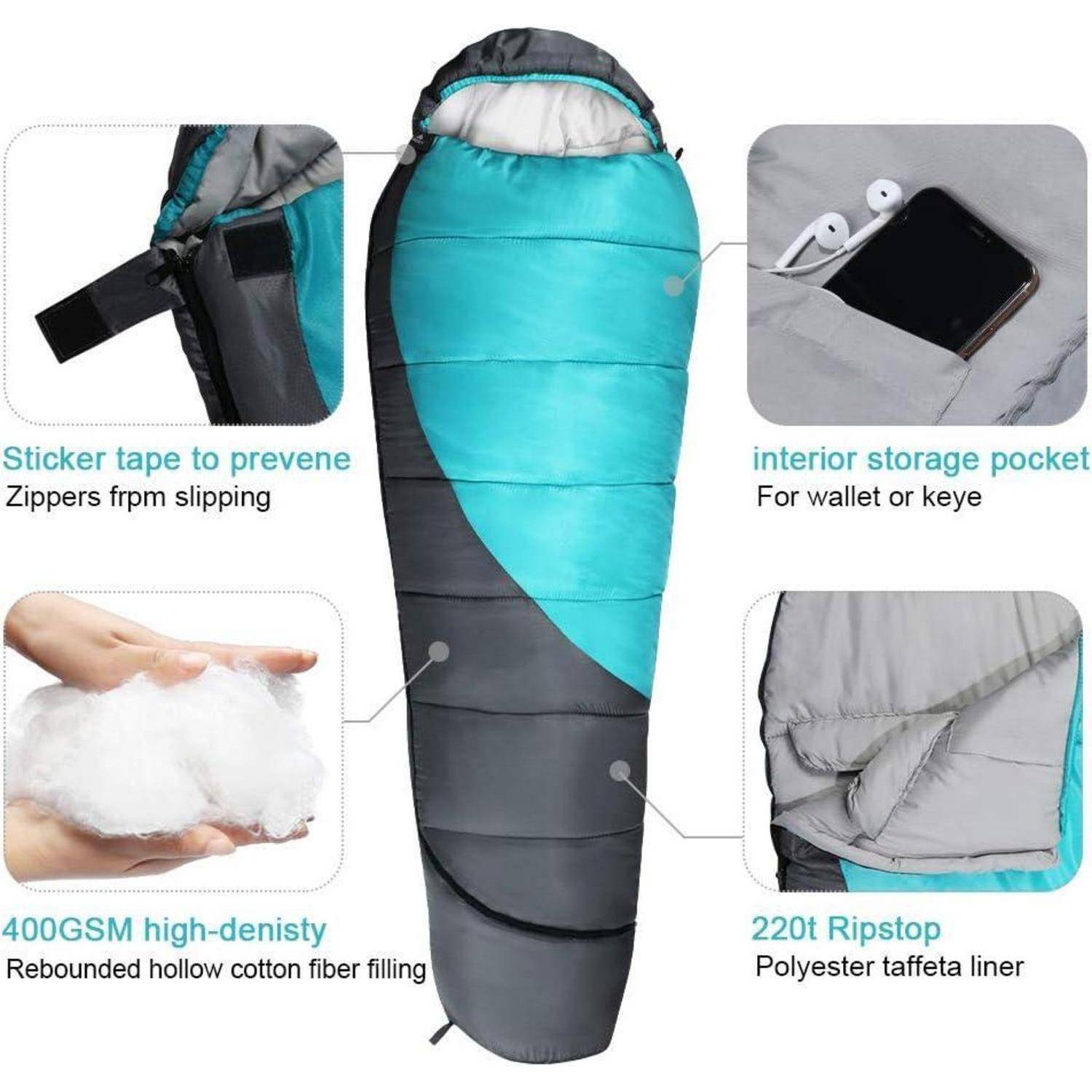 Ein Schlafsack mit folgenden Eigenschaften: rutschfeste Reißverschlüsse, Innentasche, Füllung aus hochdichtem Material und Außenhülle aus Polyester-Ripstop-Gewebe.