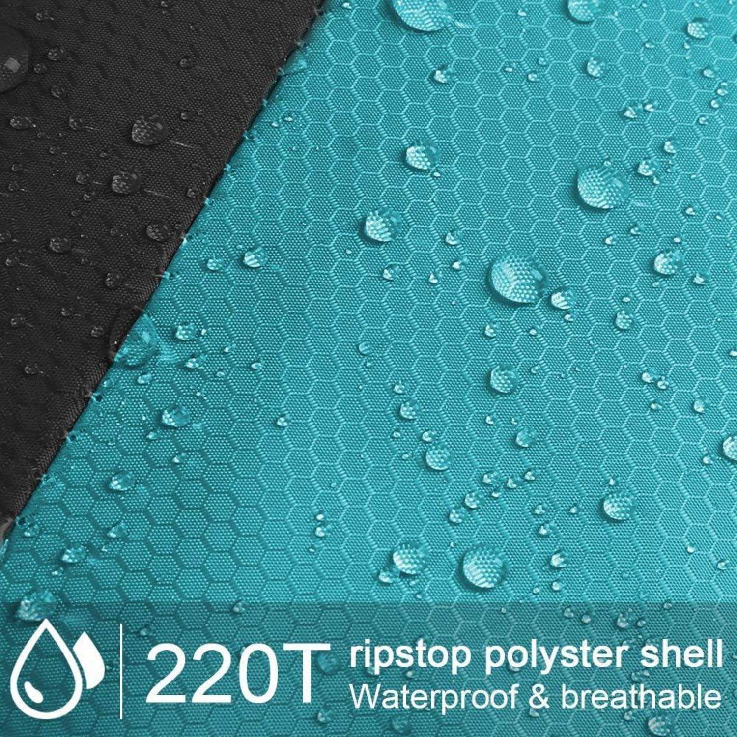 „Wassertropfen auf blauem und schwarzem 220T Ripstop-Polyester-Äußeren; wasserdicht und atmungsaktiv.