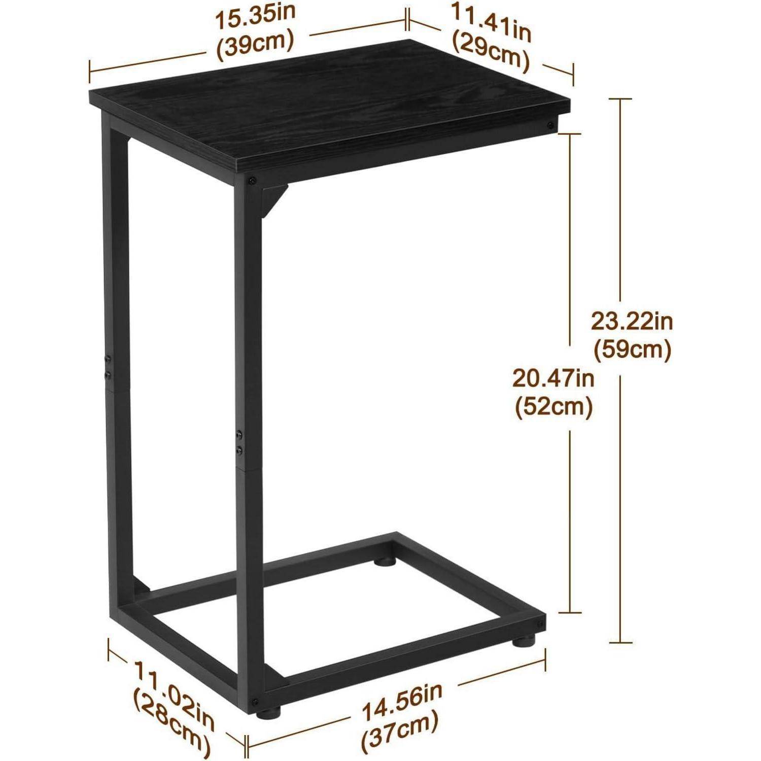 Ein kleiner schwarzer Beistelltisch mit Maßen: Höhe 23,22 Zoll, Tischplatte 15,35 x 11,41 Zoll, Basis 14,56 x 11,02 Zoll.