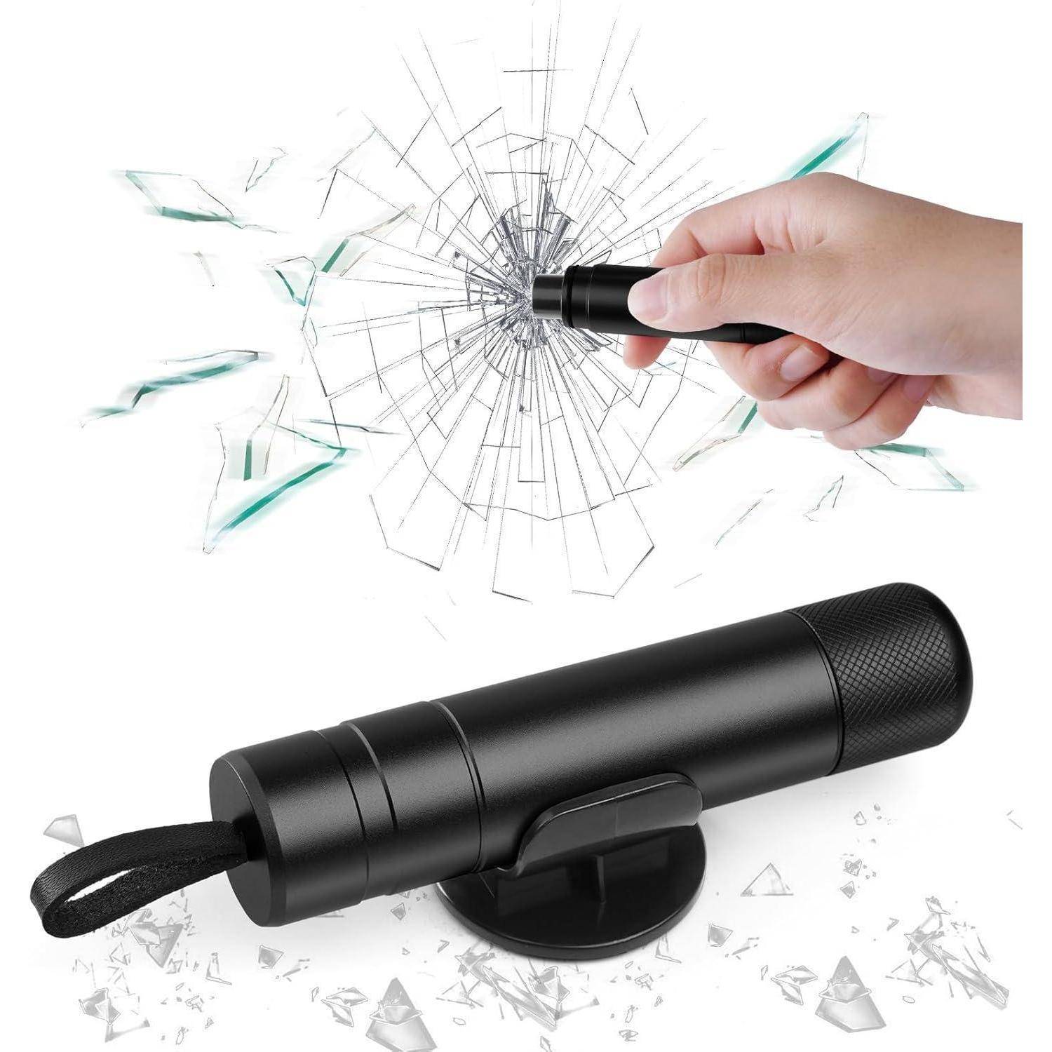 Ein kleines schwarzes Notfalltool, das gezeigt wird, wie es eine Glasscheibe zerbricht, mit einem Bild einer Hand, die es benutzt und seine Funktion für Sicherheitssituationen demonstriert.