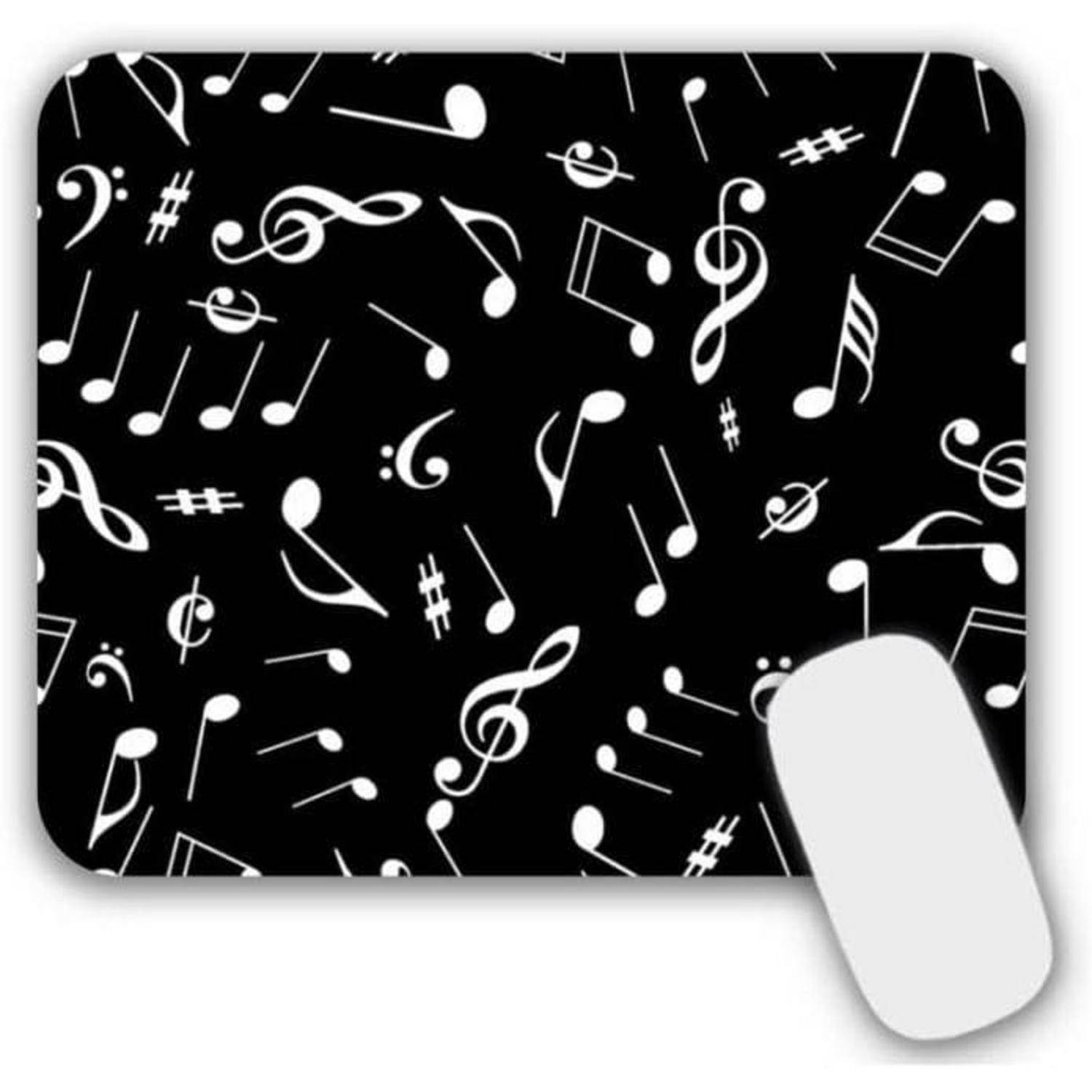 Ein schwarzes Mauspad mit weißen Musiknoten und Symbolen, die über seine Oberfläche verstreut sind.
