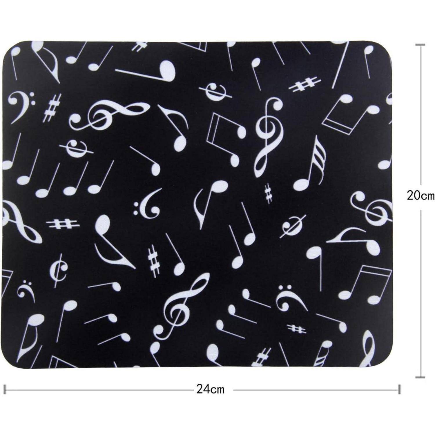 Schwarzes Rechteck mit weißen Musiknoten und Symbolen, die darüber verstreut sind. Abmessungen: 24 cm Breite x 20 cm Höhe.