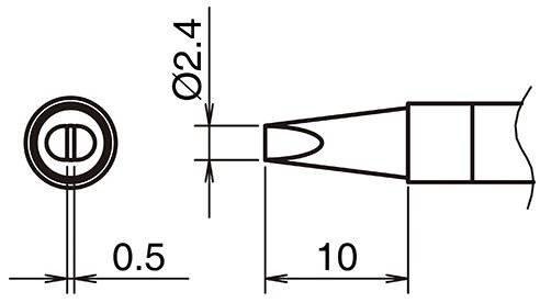 Technische Zeichnung eines zylindrischen Objekts mit konischer Spitze. Abmessungen: Länge 10, Durchmesser 0,5 an der Spitze, 2,4 an der Basis.
