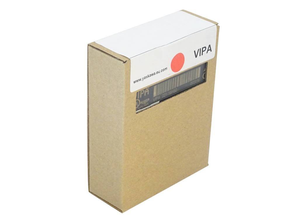 Karton mit einem Produkt der Marke 'VIPA' von yaskawa.eu.com, auf dem oben ein rotes Kreislogo angebracht ist.