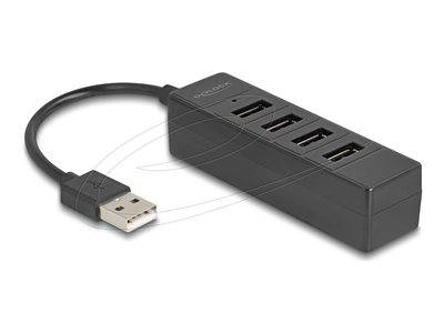 Ein schwarzer USB-Hub mit vier USB-Anschlüssen und einem kurzen Verbindungskabel, der zur Erweiterung der USB-Konnektivität für elektronische Geräte verwendet wird.