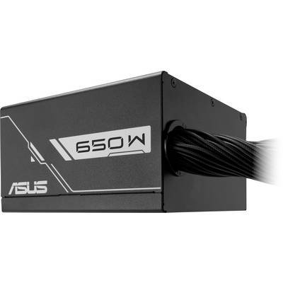 Eine 650-Watt-ASUS-Netzteil in einem schwarzen, rechteckigen Gehäuse mit sichtbarer Kabelverwaltung, konzipiert für die Verwendung in Computerhardware.