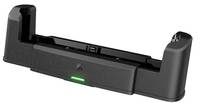 Schwarze Kamera-Batteriegriff mit vertikalem Auslöseknopf und grüner Statusleuchte