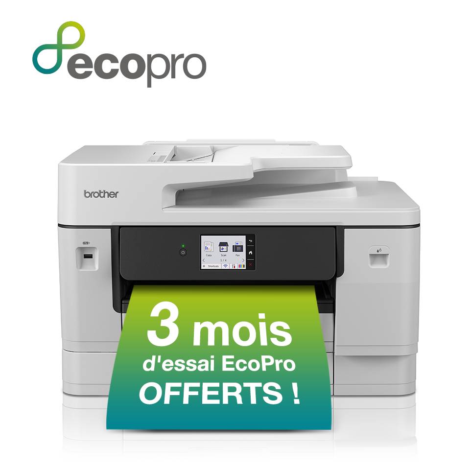 EcoPro-Logo über einem Brother-Drucker mit einem Banner mit der Aufschrift „3 Monate EcoPro-Testversion KOSTENLOS!