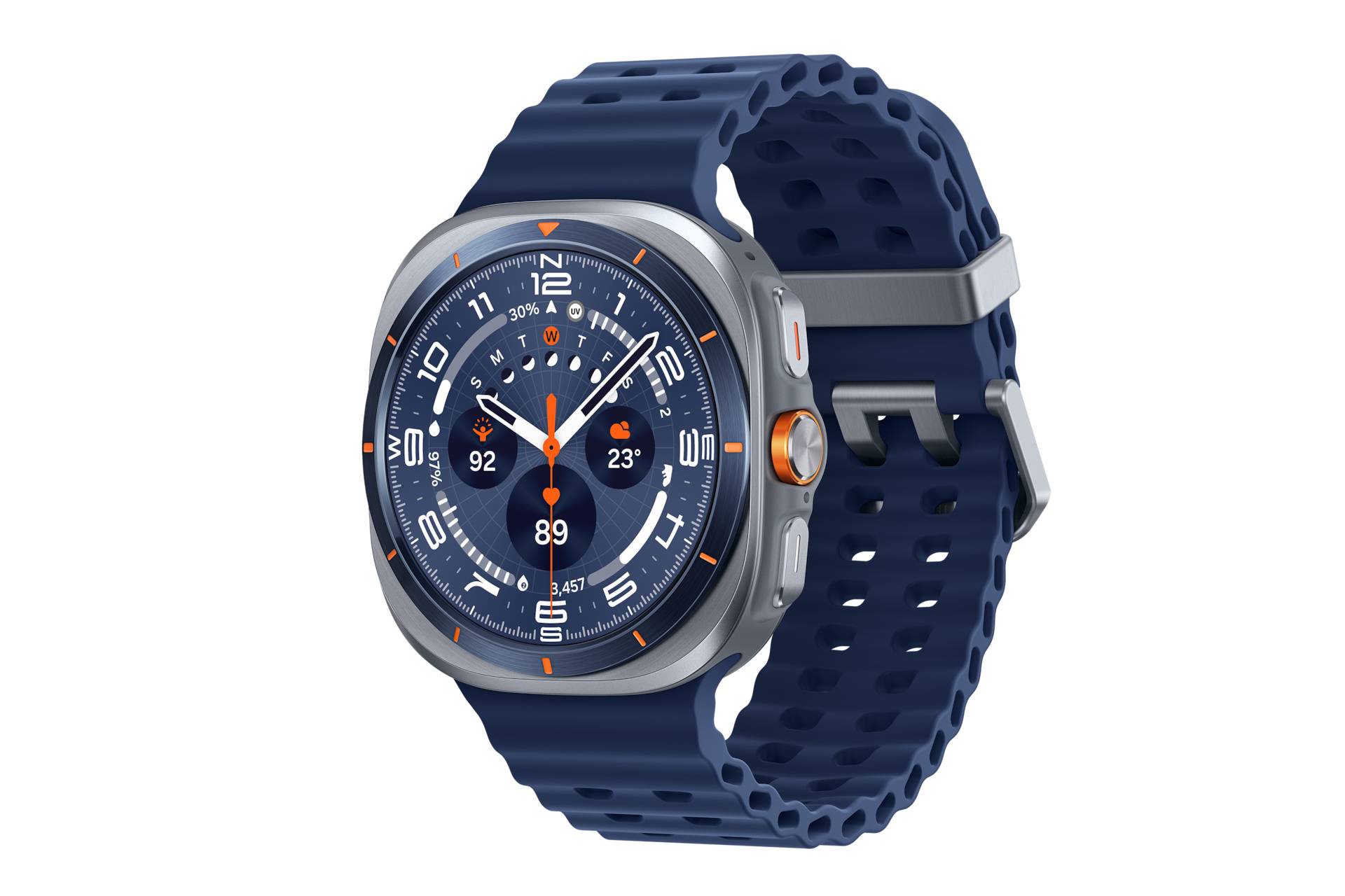 Samsung Galaxy Watch Ultra 47 mm Titanium Blue intelligente Uhr mit Marineband Gummi Blau Bandgröße: S/M/L Anzeige 3,73 cm 1.5" 64 GB LTE NFC Blueto