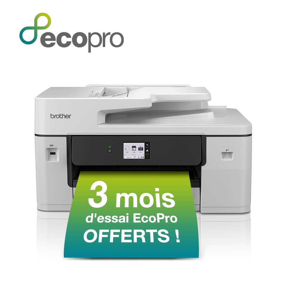 EcoPro-Logo über einem Brother-Drucker mit einem grün-blauen Schild, auf dem „3 Monate EcoPro-Test KOSTENLOS!