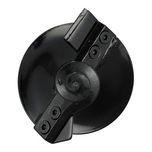 Ein schwarzes, kreisförmiges industrielles Werkzeugbauteil mit einer zentralen Spirale und drei Schrauben, wahrscheinlich als Schneid- oder Bohrkomponente verwendet.