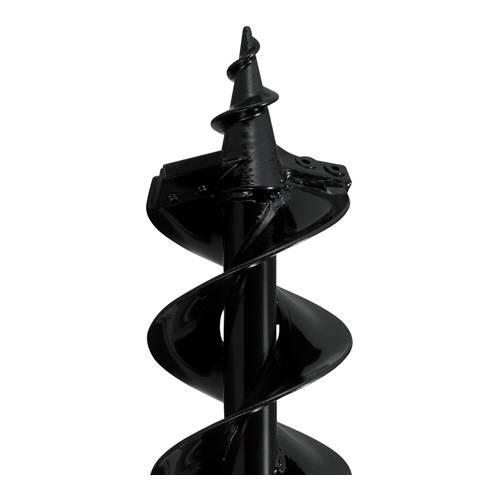 Ein schwarzer Metallbohrer mit einer Spiralbohrspitze, der für das Bohren von Löchern in den Boden konzipiert ist und eine scharfe, spitze Spitze sowie eine Spiralstruktur aufweist.