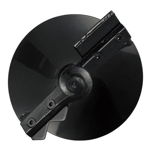 Ein schwarzes, rundes Metallbauteil mit einem zentralen Drehpunkt und zwei angewinkelten Klingen, das für Schneid- oder Bearbeitungszwecke verwendet wird.