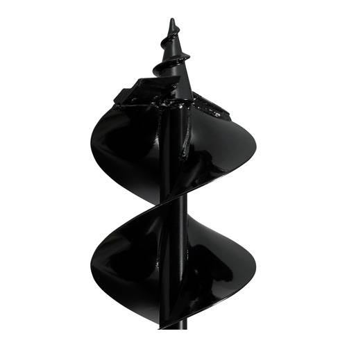 Ein schwarzer Metallwendelbohrer für das Bohren in Boden oder Eis, aus der Nahaufnahme gezeigt, mit glänzender Oberfläche, wobei die scharfen Kanten betont werden.