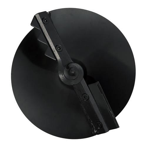 Ein schwarzer, kreisförmiger Metallbestandteil mit einer zentralen Spindel und Befestigungsbolzen, wahrscheinlich eine Komponente, die in Maschinen oder Werkzeugen verwendet wird.