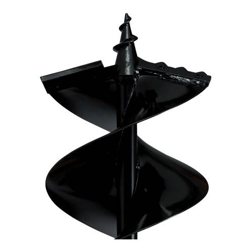 Eine Nahaufnahme eines schwarzen Metallschneckenbohrers mit einer Schraubenform und einer spitzen Spitze, die zum Bohren von Löchern in den Boden entwickelt ist.