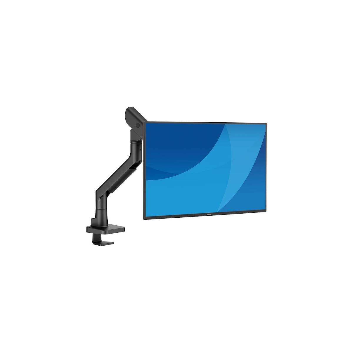 Ein Computermonitor ist auf einem verstellbaren Arm montiert, der flexible Positionierung ermöglicht. Der Bildschirm zeigt einen blauen abstrakten Hintergrund an.