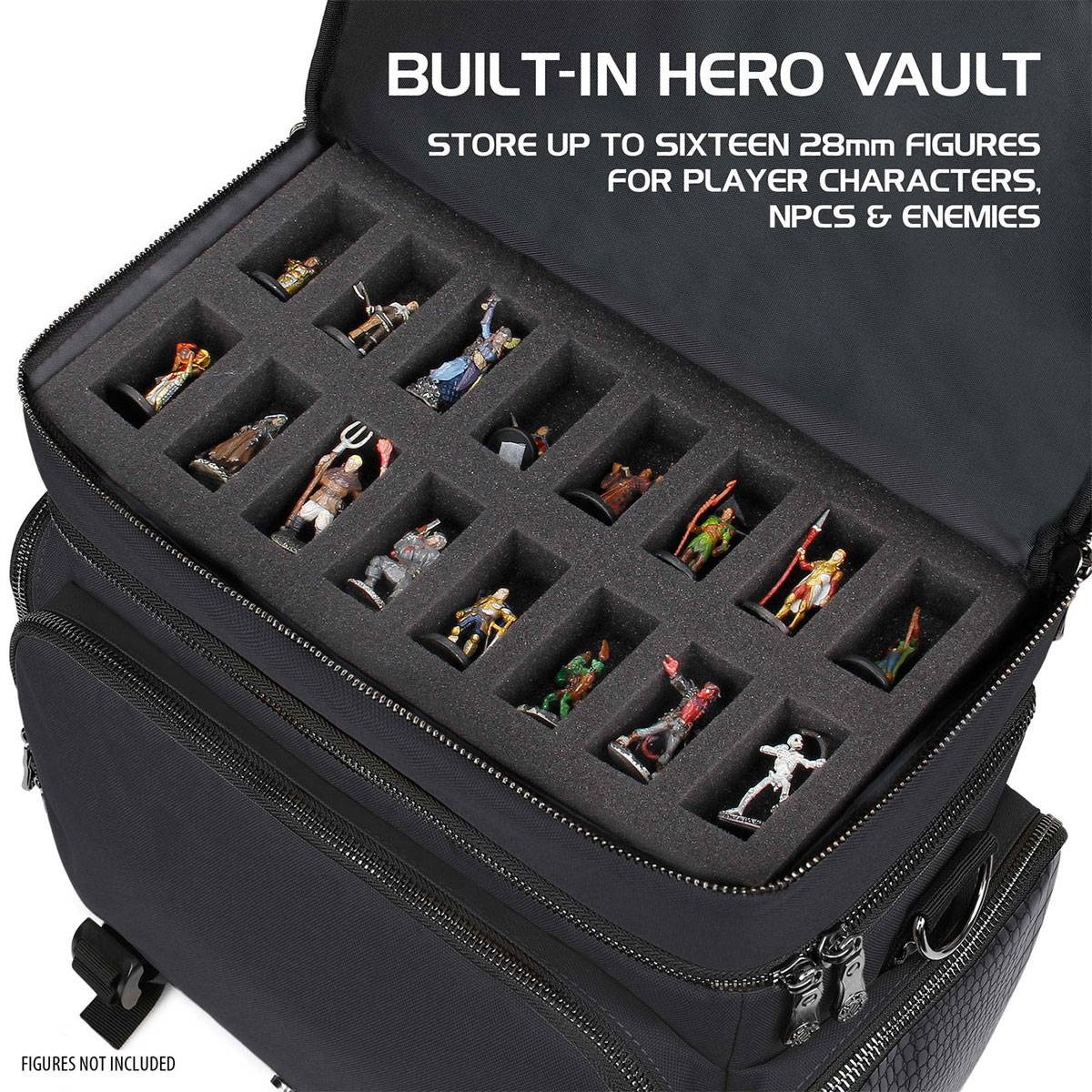 Offener Rucksack mit Fächern zum Aufbewahren von bis zu 16 Miniaturfiguren für Rollenspiele, beschriftet mit 'Eingebauter Helden-Tresor'.