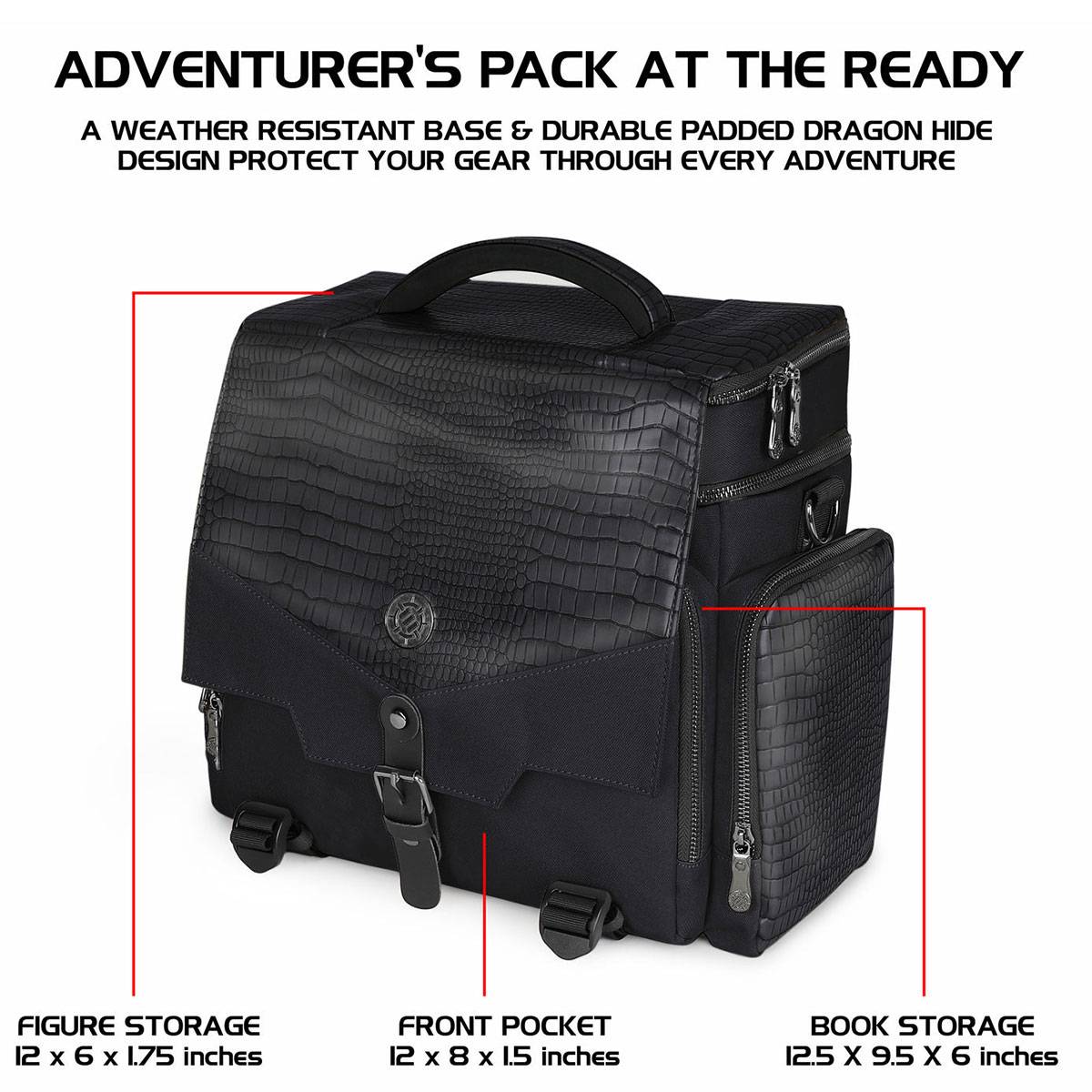 Abenteurerpaket mit witterungsbeständiger Basis und gepolstertem Design. Zu den Funktionen gehören Vordertasche, Figurenaufbewahrung und Buchstauraum.