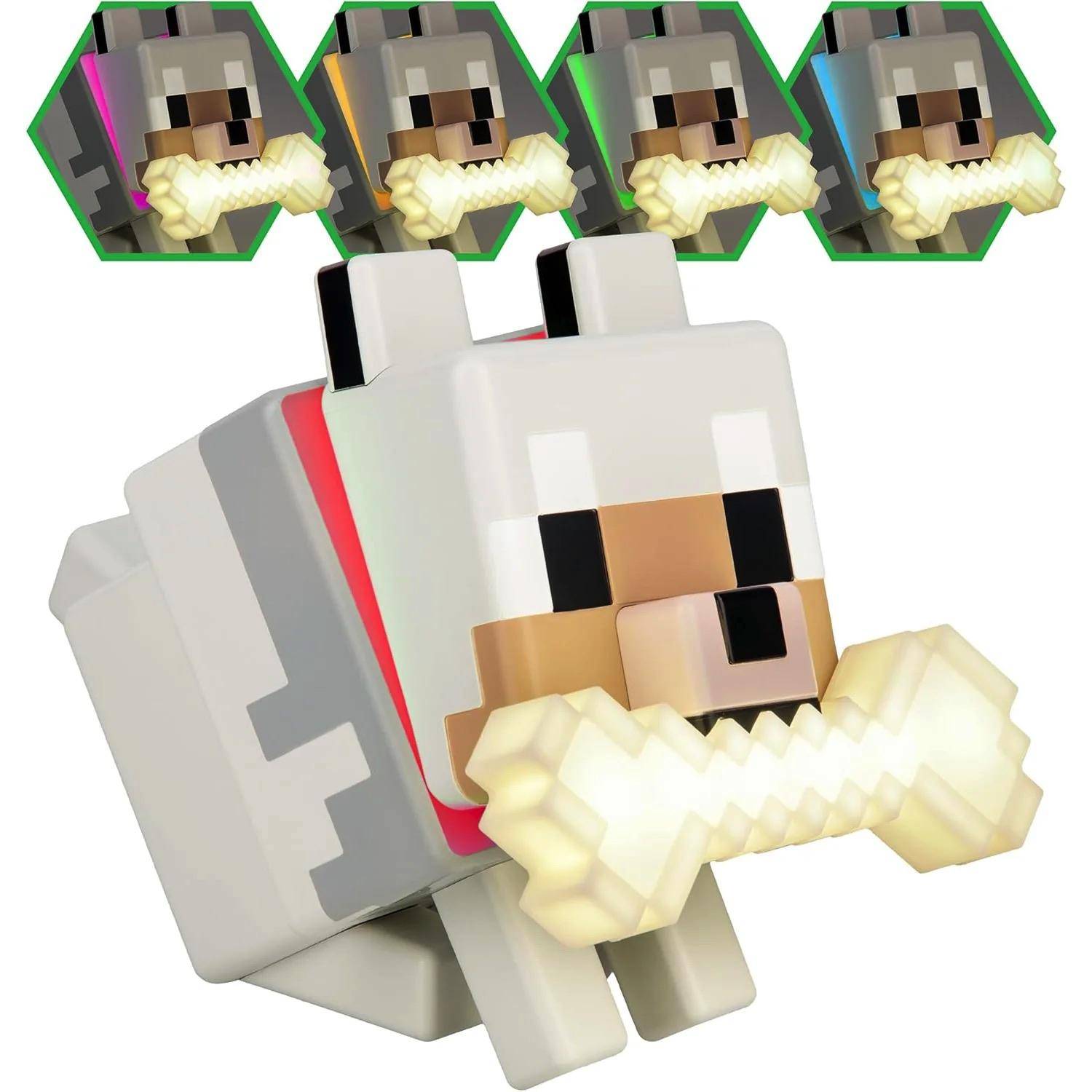 Eine eckige, pixelige Hundefigur mit einem leuchtenden Knochen im Maul, in verschiedenen Farben dargestellt. Inspiriert vom Stil eines beliebten Videospiels.