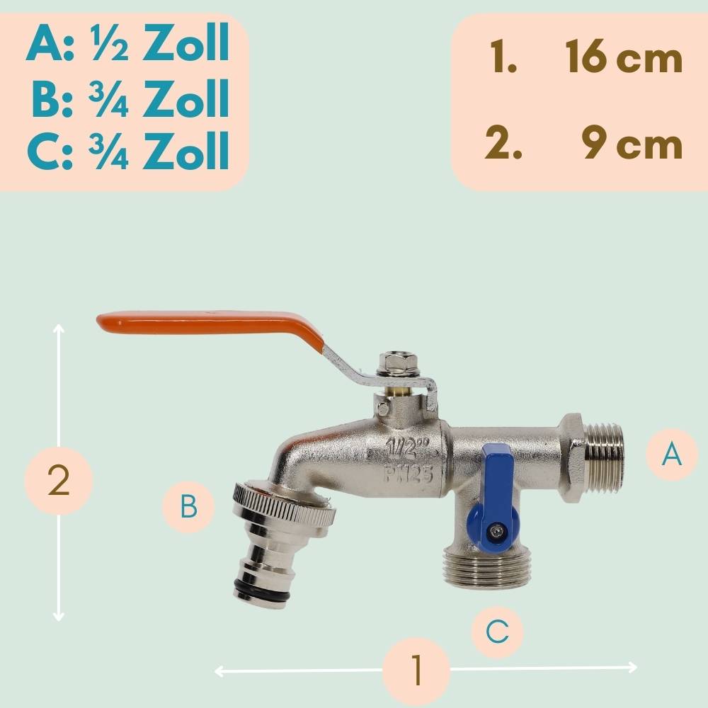 Darstellung eines Metallhahns mit orangefarbener Klinke. Beschriftung A: ½ Zoll, B: ¾ Zoll, C: ¾ Zoll. Maße: 1. 16 cm, 2. 9 cm.